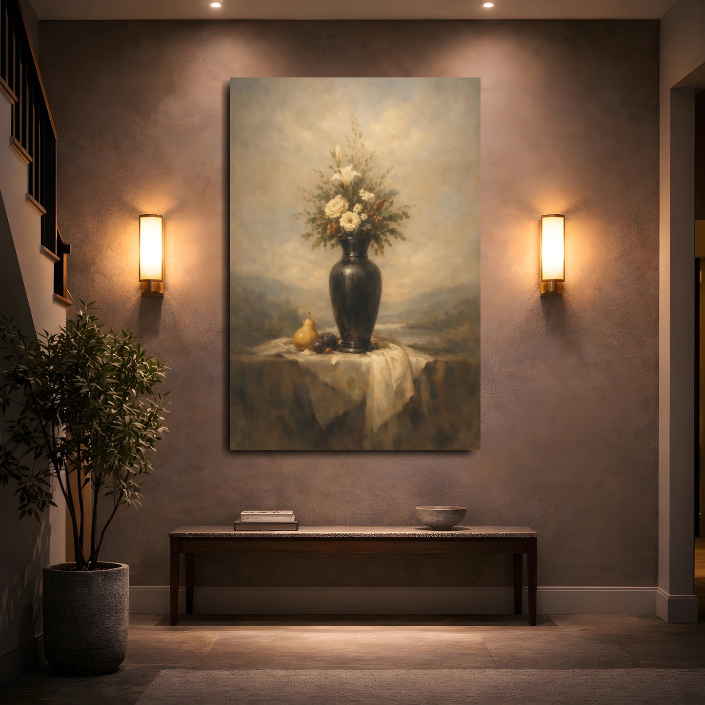 Mockup 4. Floral Floral Vase Cream And Brown Still Life shown as stretched canvas wall art