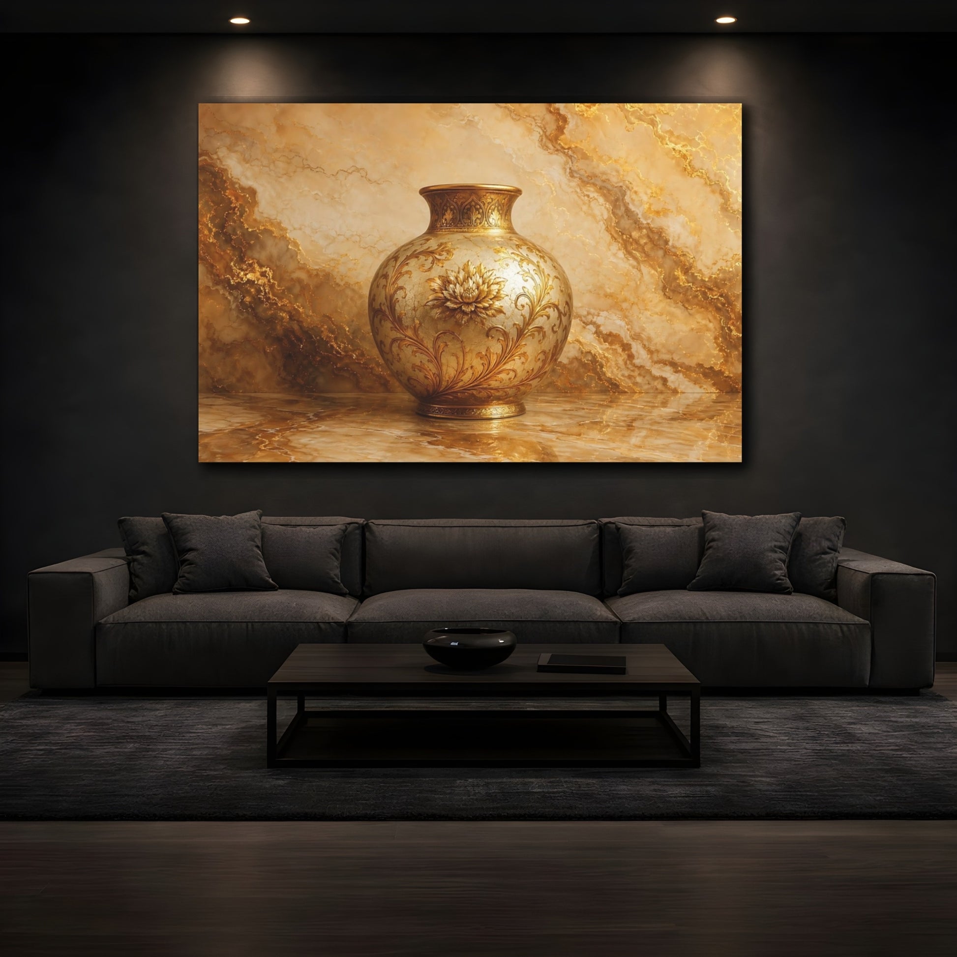 Mockup 3. Floral Floral Vase Gold Floral shown as stretched canvas wall art