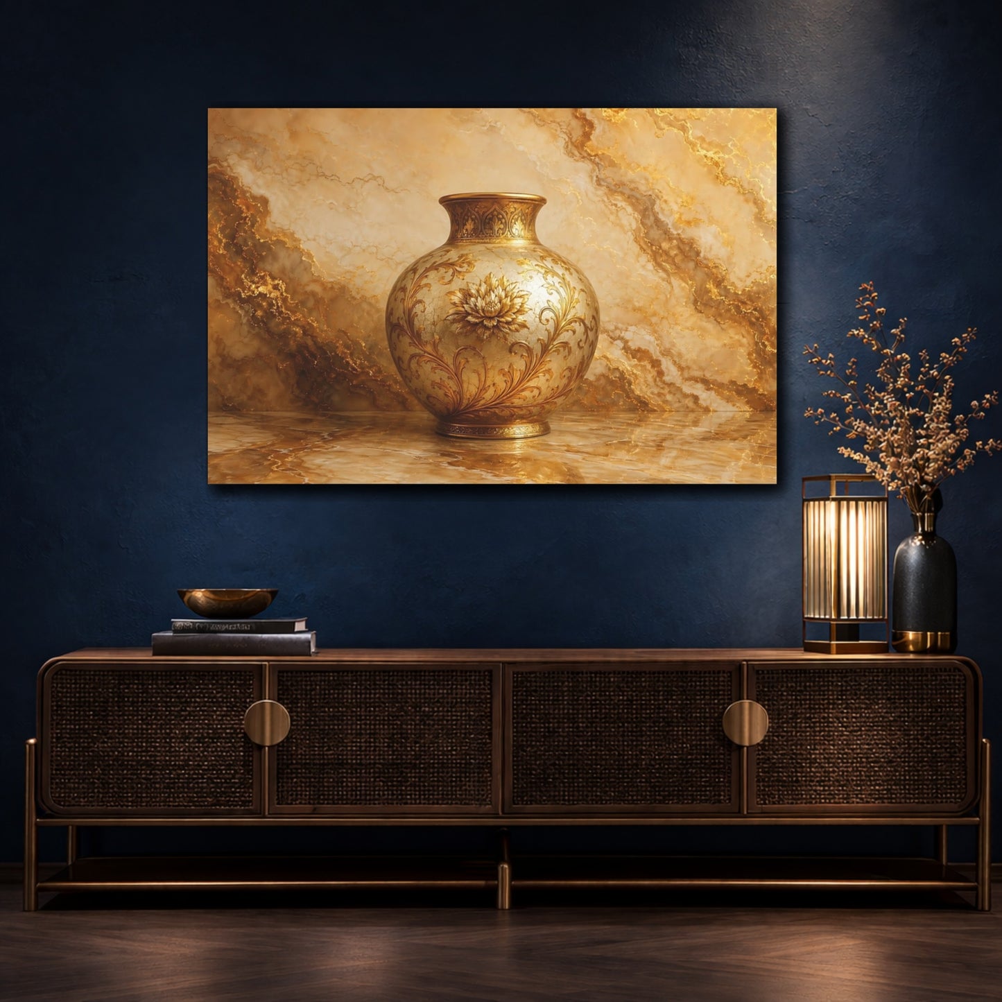 Mockup 4. Floral Floral Vase Gold Floral shown as stretched canvas wall art