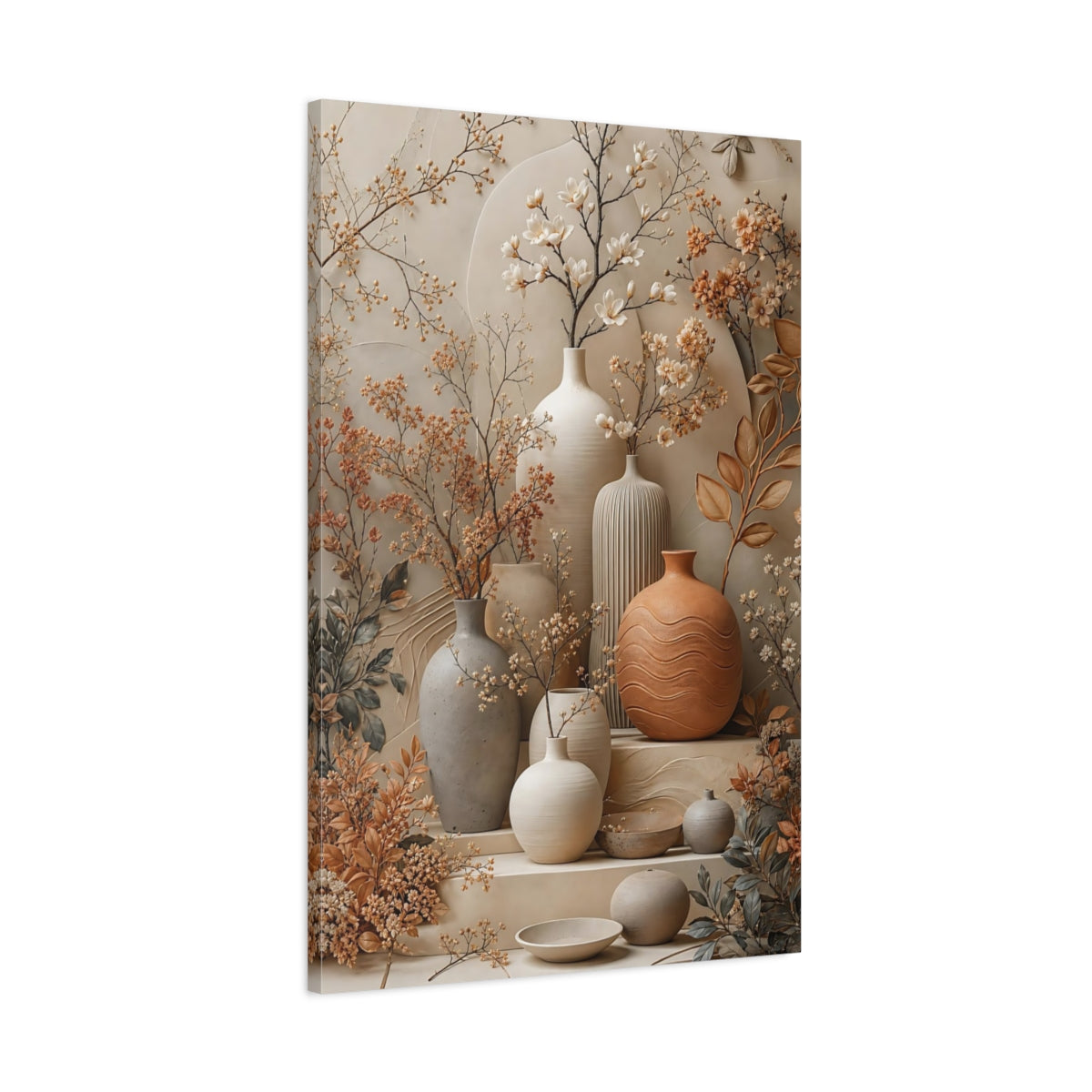 Main Mockup. Floral Floral Vases Neutral Terracotta shown as stretched canvas wall art