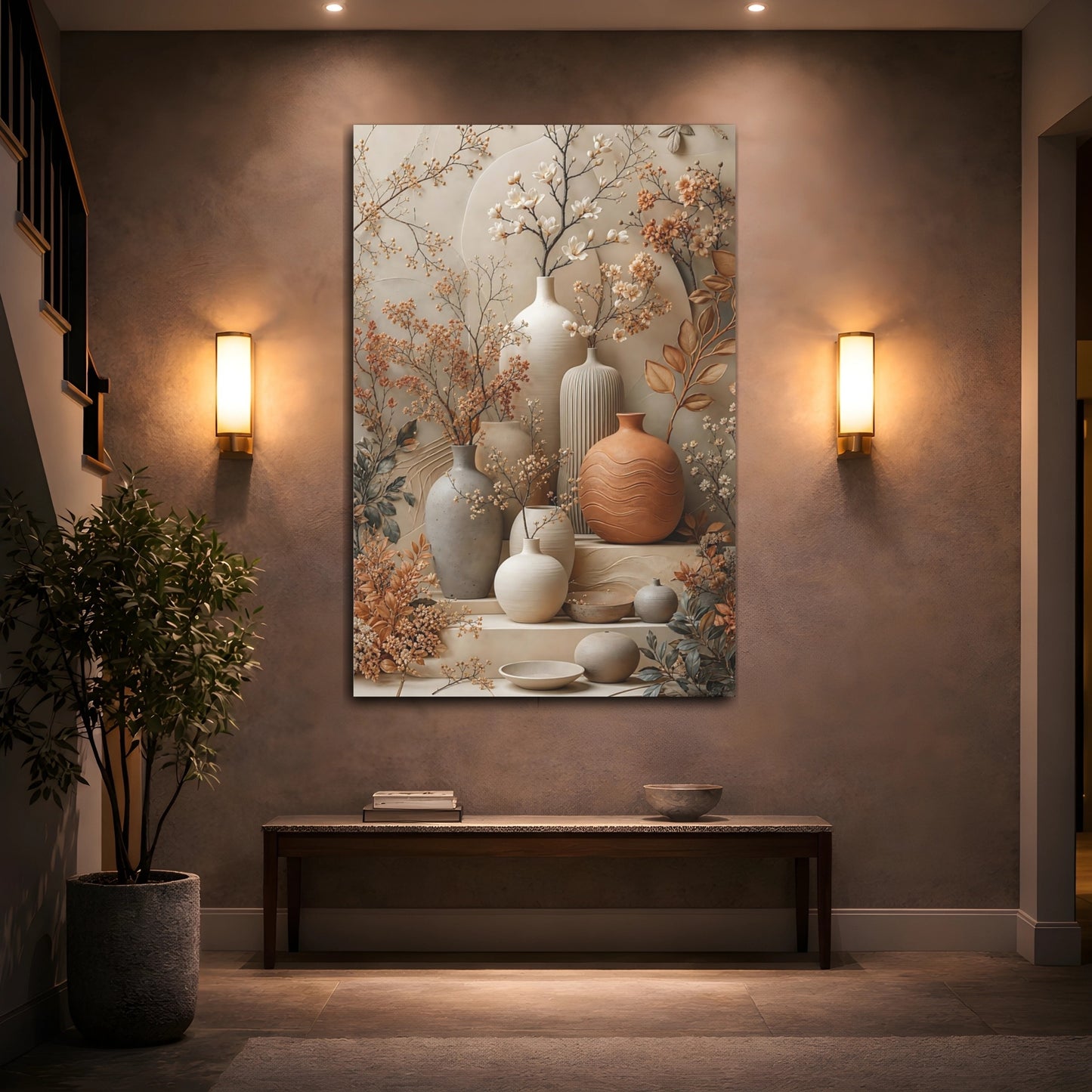 Mockup 2. Floral Floral Vases Neutral Terracotta shown as stretched canvas wall art