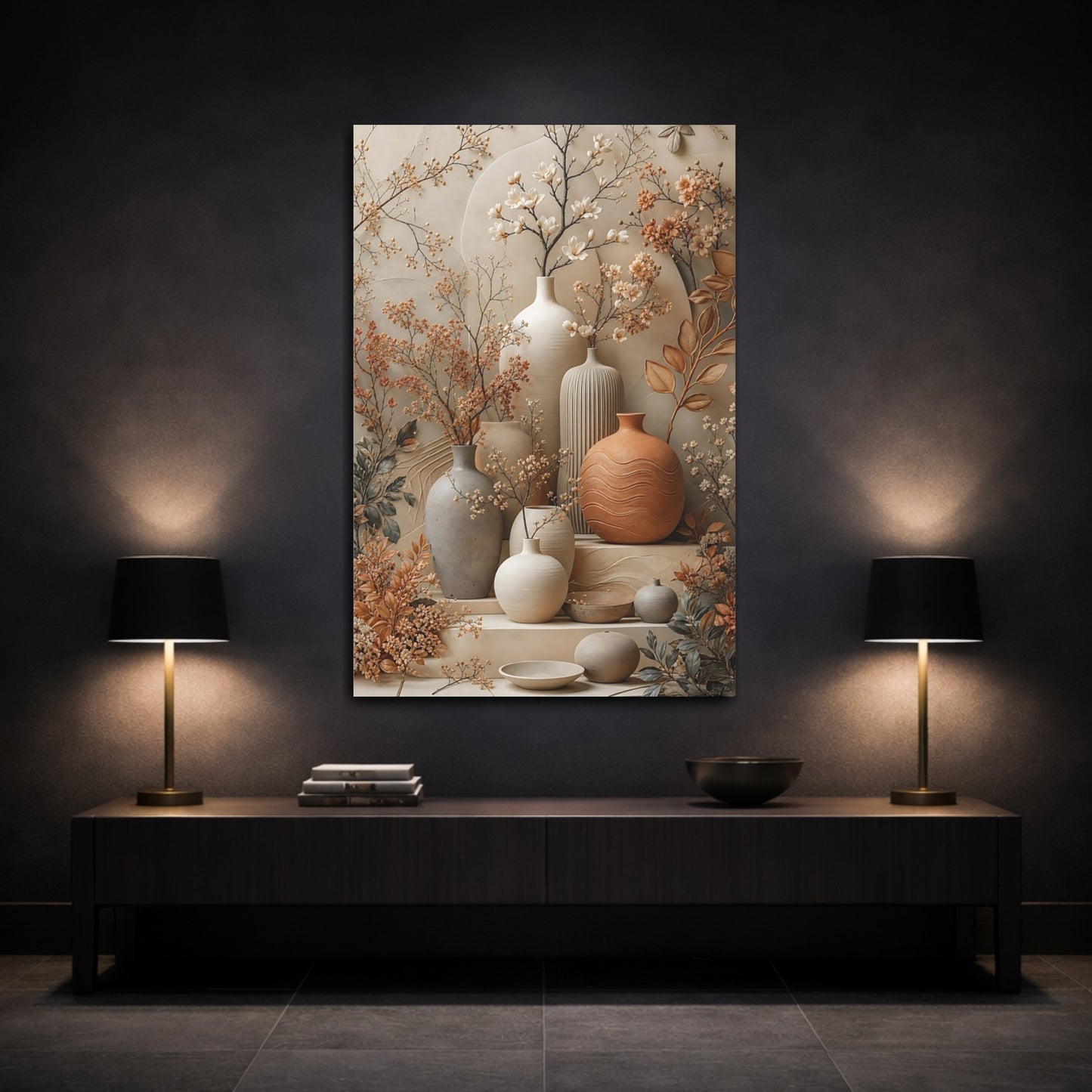 Mockup 3. Floral Floral Vases Neutral Terracotta shown as stretched canvas wall art