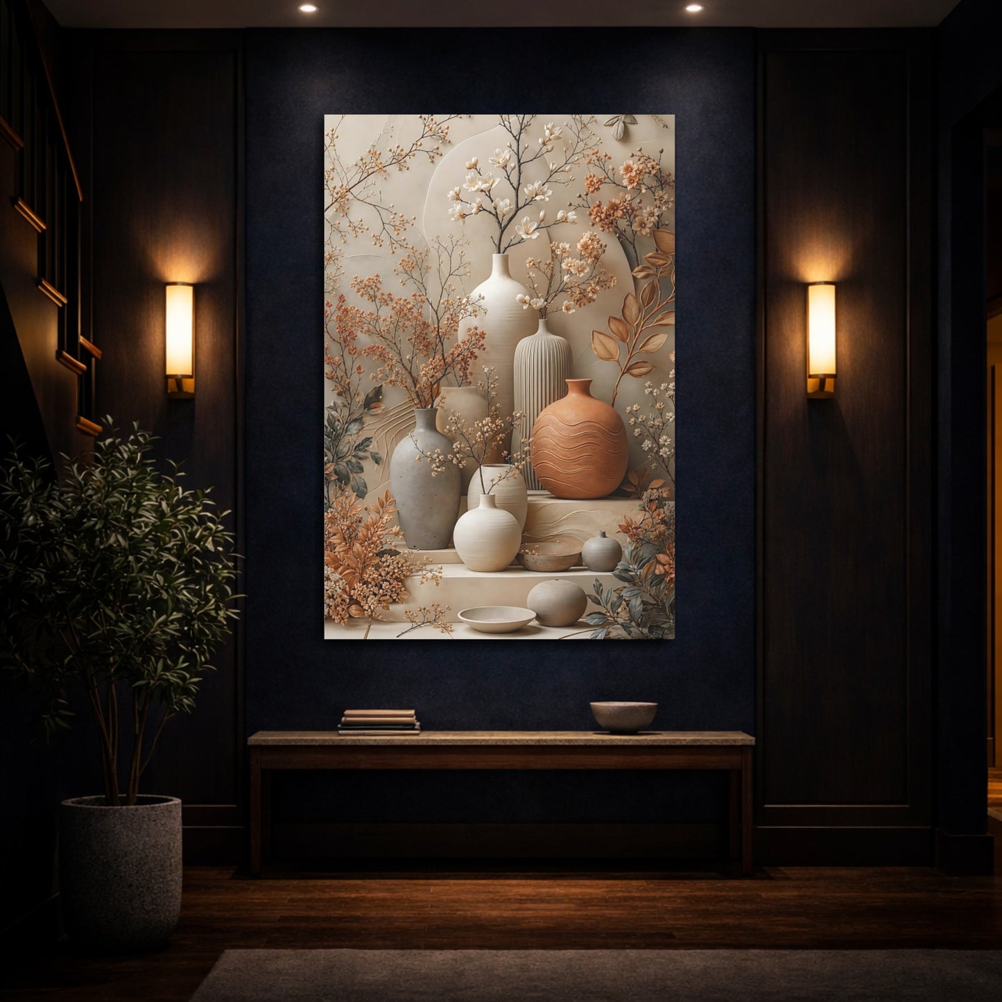 Mockup 4. Floral Floral Vases Neutral Terracotta shown as stretched canvas wall art