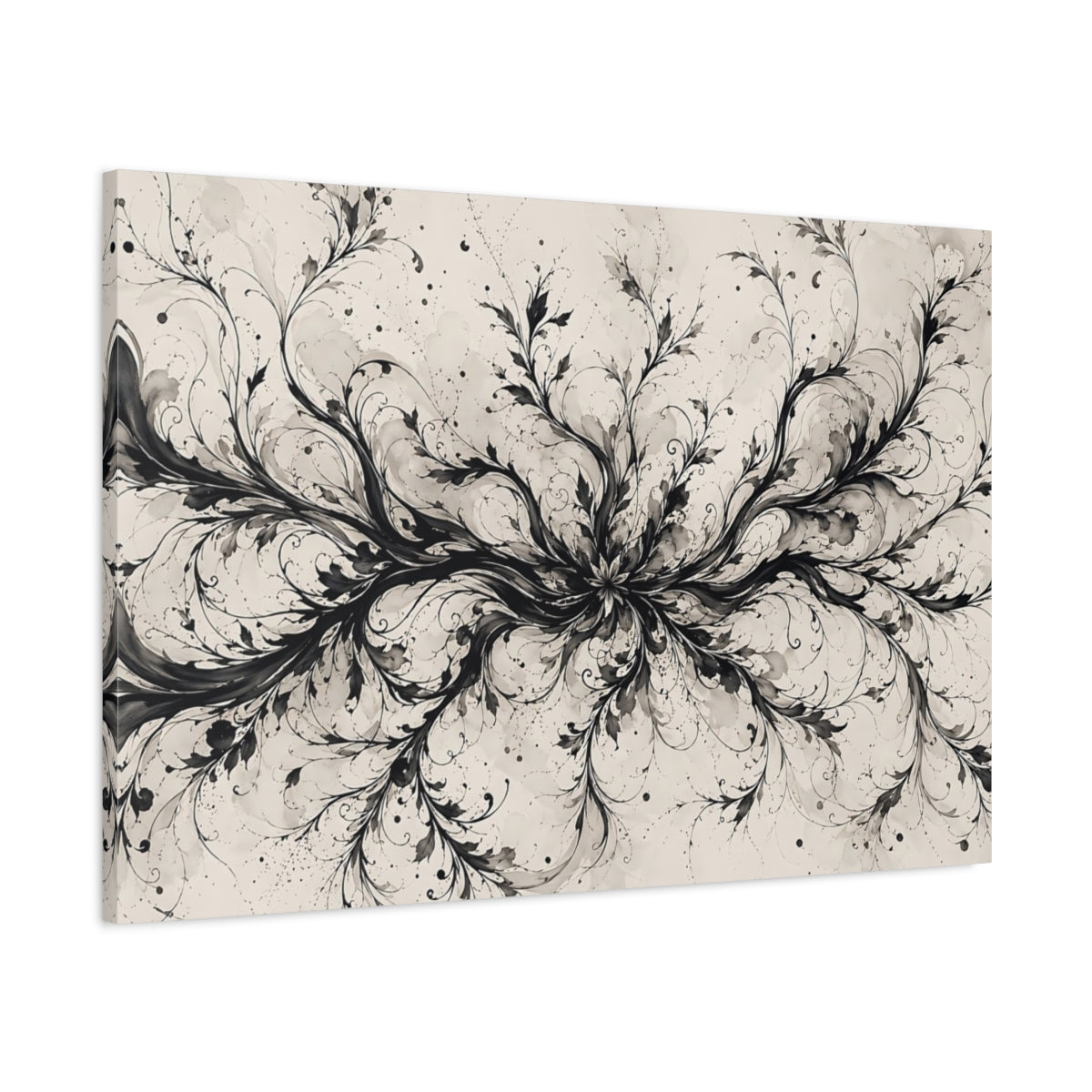 Main Mockup. Floral Floral Vines Black And Cream shown as stretched canvas wall art