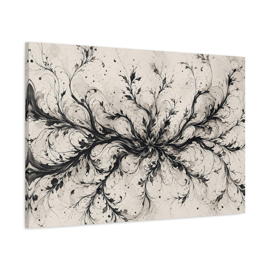 Main Mockup. Floral Floral Vines Black And Cream shown as stretched canvas wall art