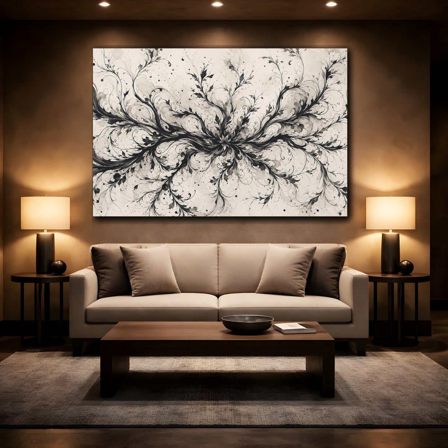 Mockup 2. Floral Floral Vines Black And Cream shown as stretched canvas wall art