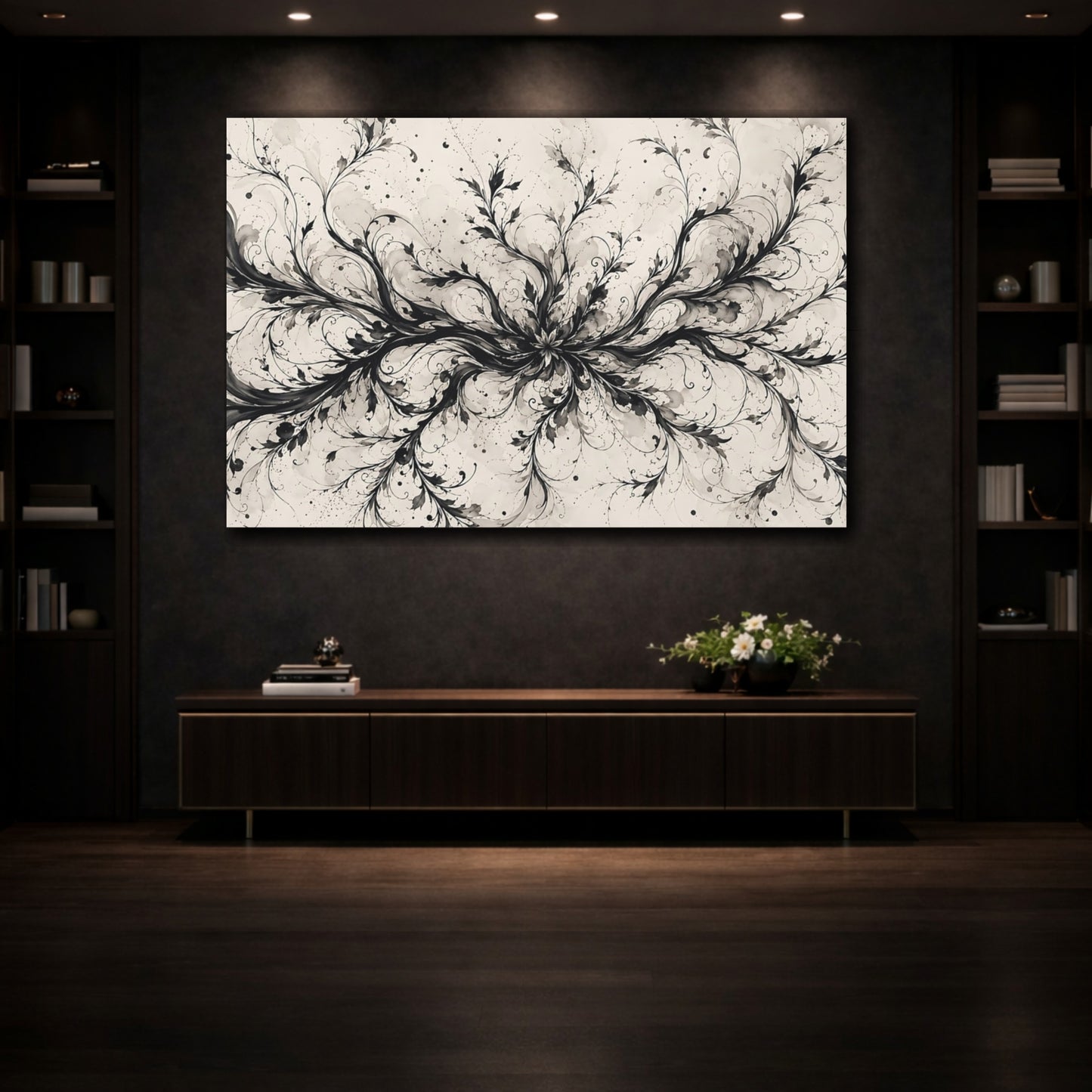 Mockup 3. Floral Floral Vines Black And Cream shown as stretched canvas wall art