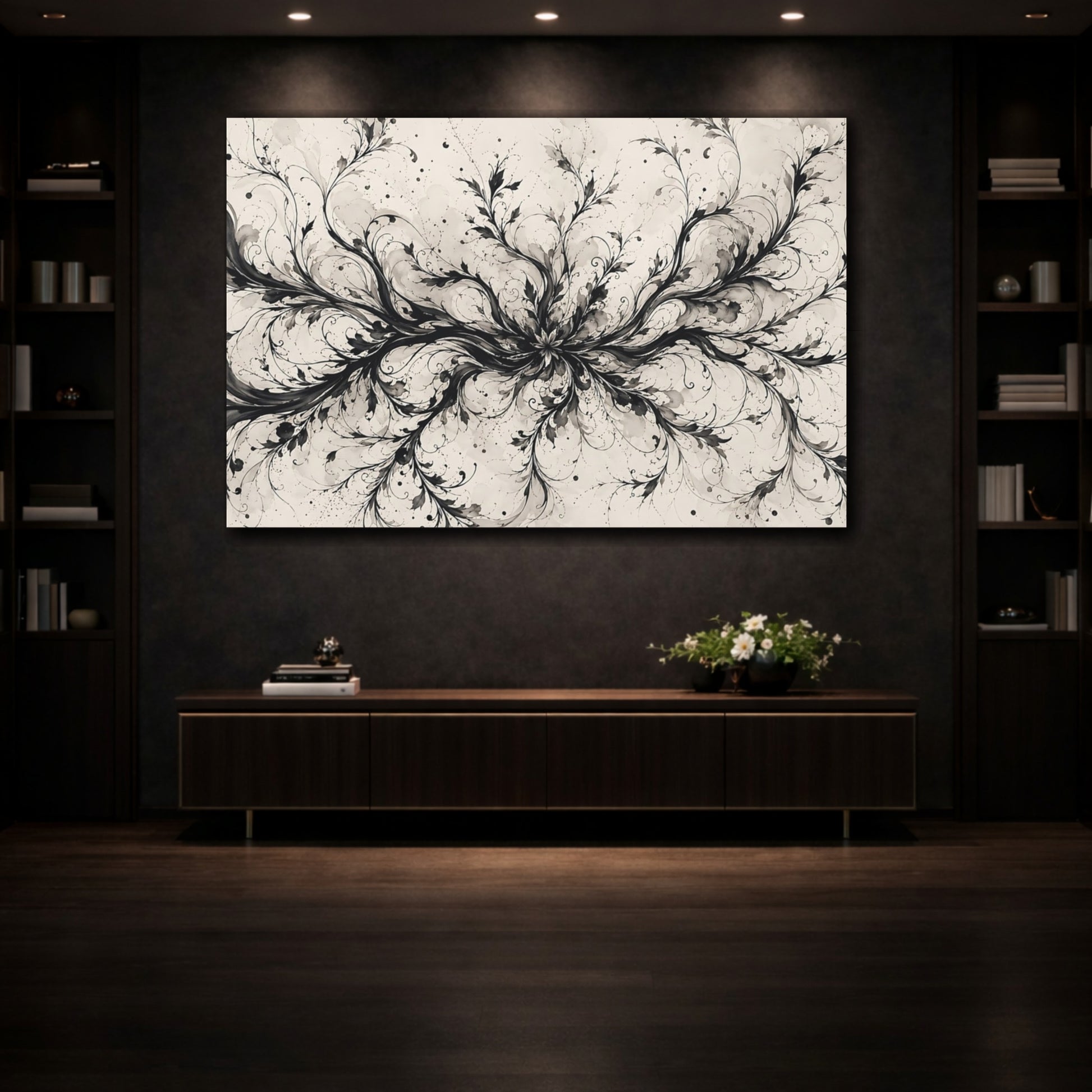 Mockup 3. Floral Floral Vines Black And Cream shown as stretched canvas wall art