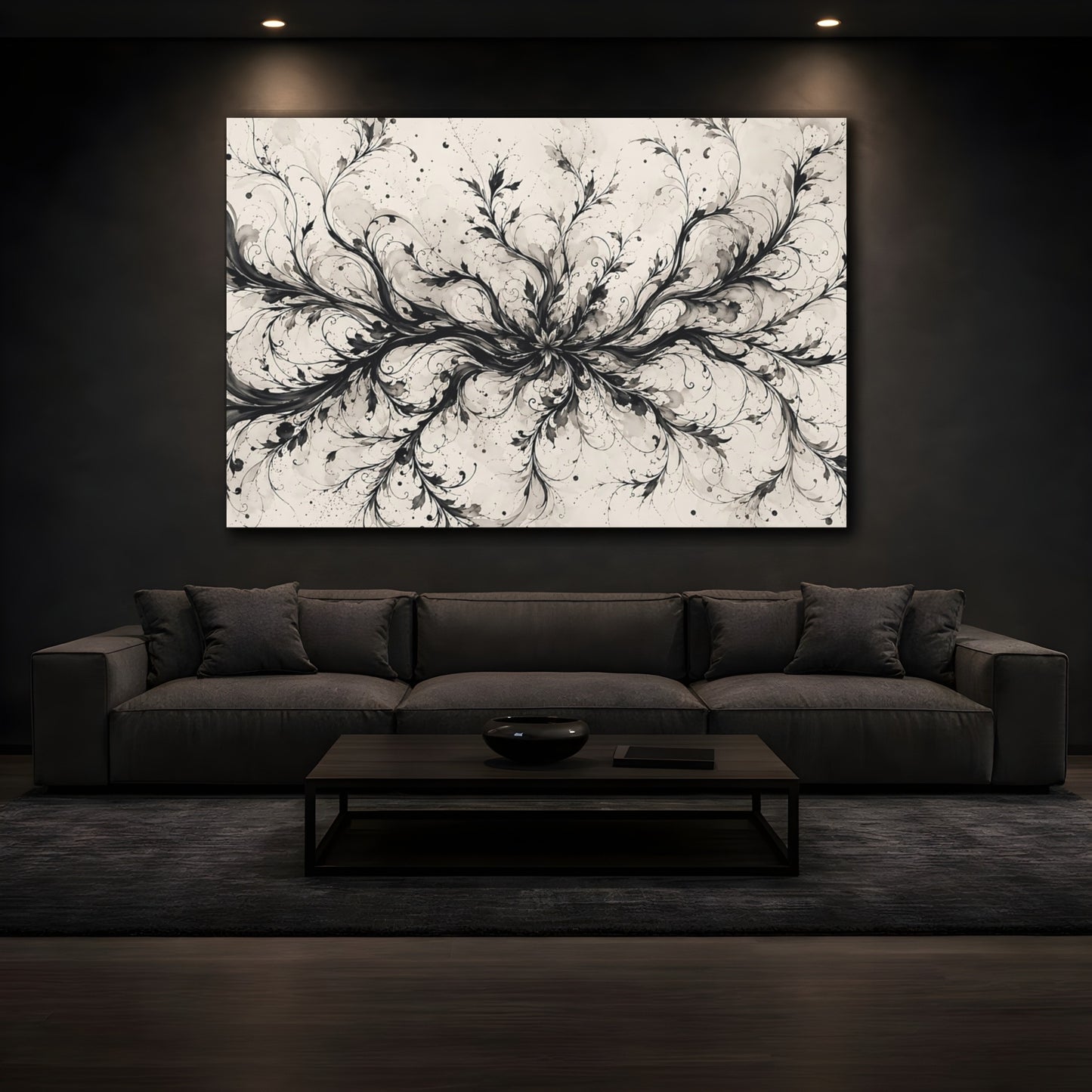Mockup 4. Floral Floral Vines Black And Cream shown as stretched canvas wall art