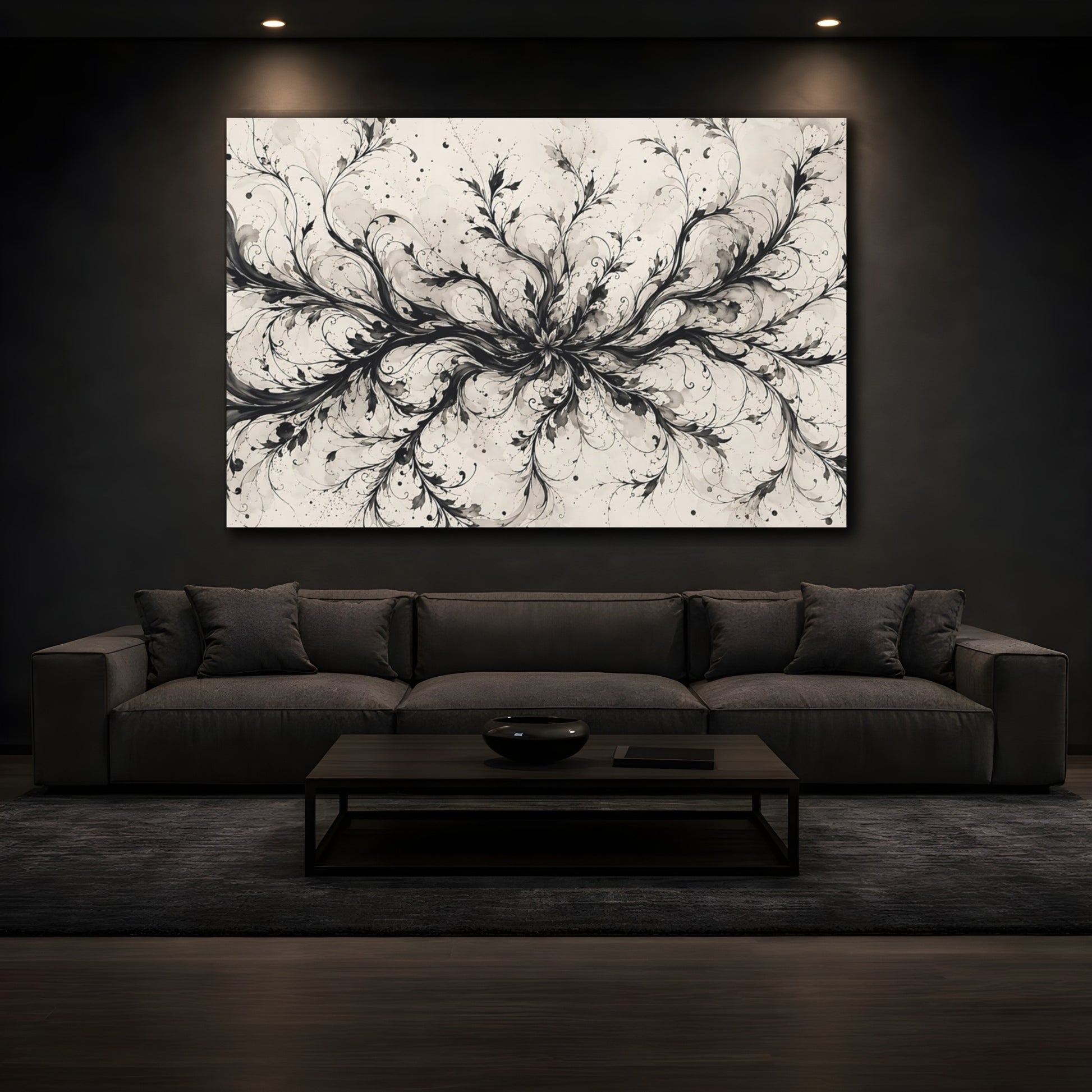 Mockup 4. Floral Floral Vines Black And Cream shown as stretched canvas wall art