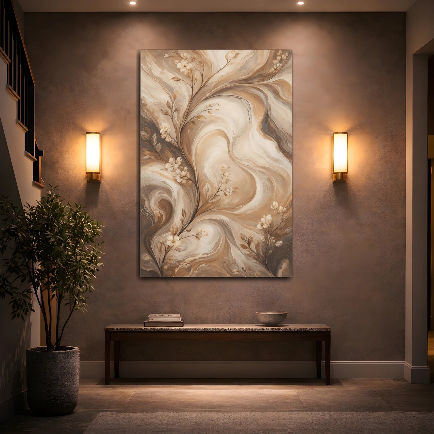 Mockup 2. Floral Floral Vines Brown And Beige shown as stretched canvas wall art