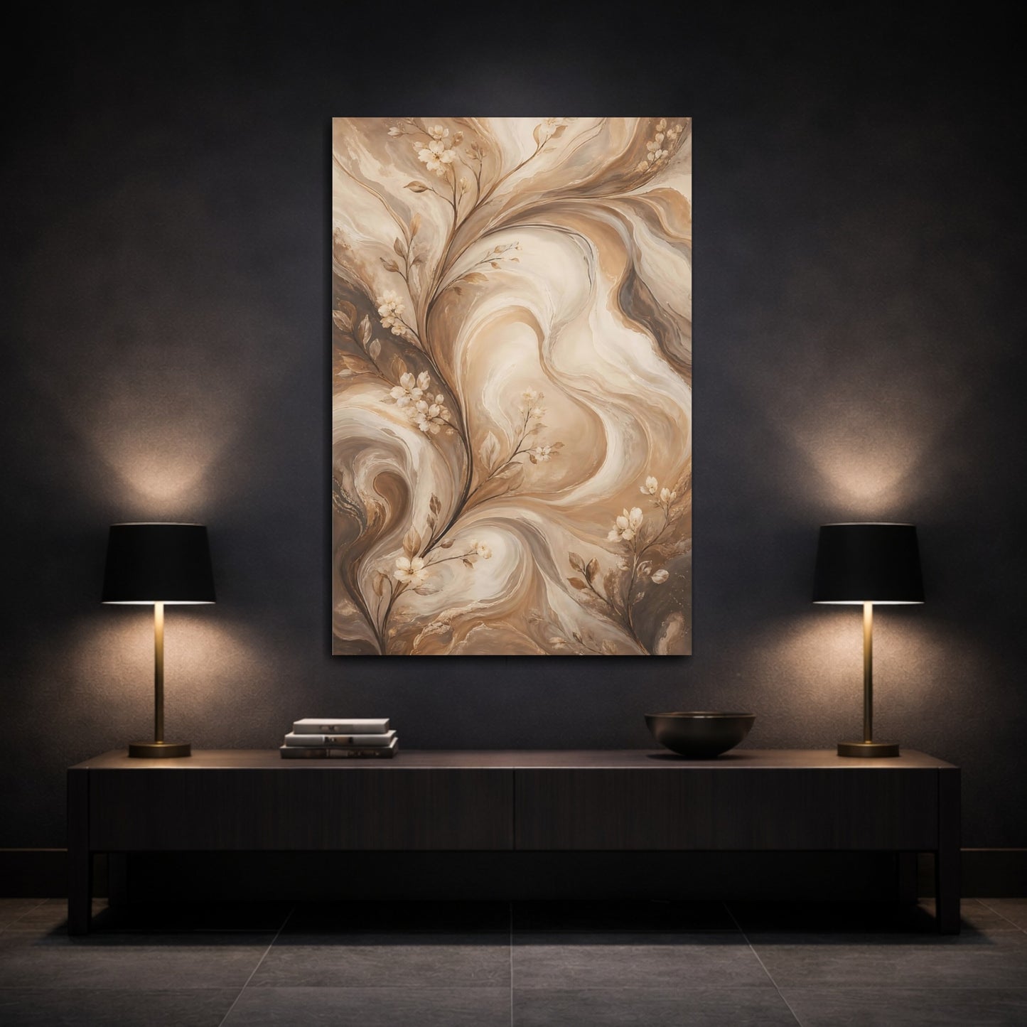 Mockup 3. Floral Floral Vines Brown And Beige shown as stretched canvas wall art