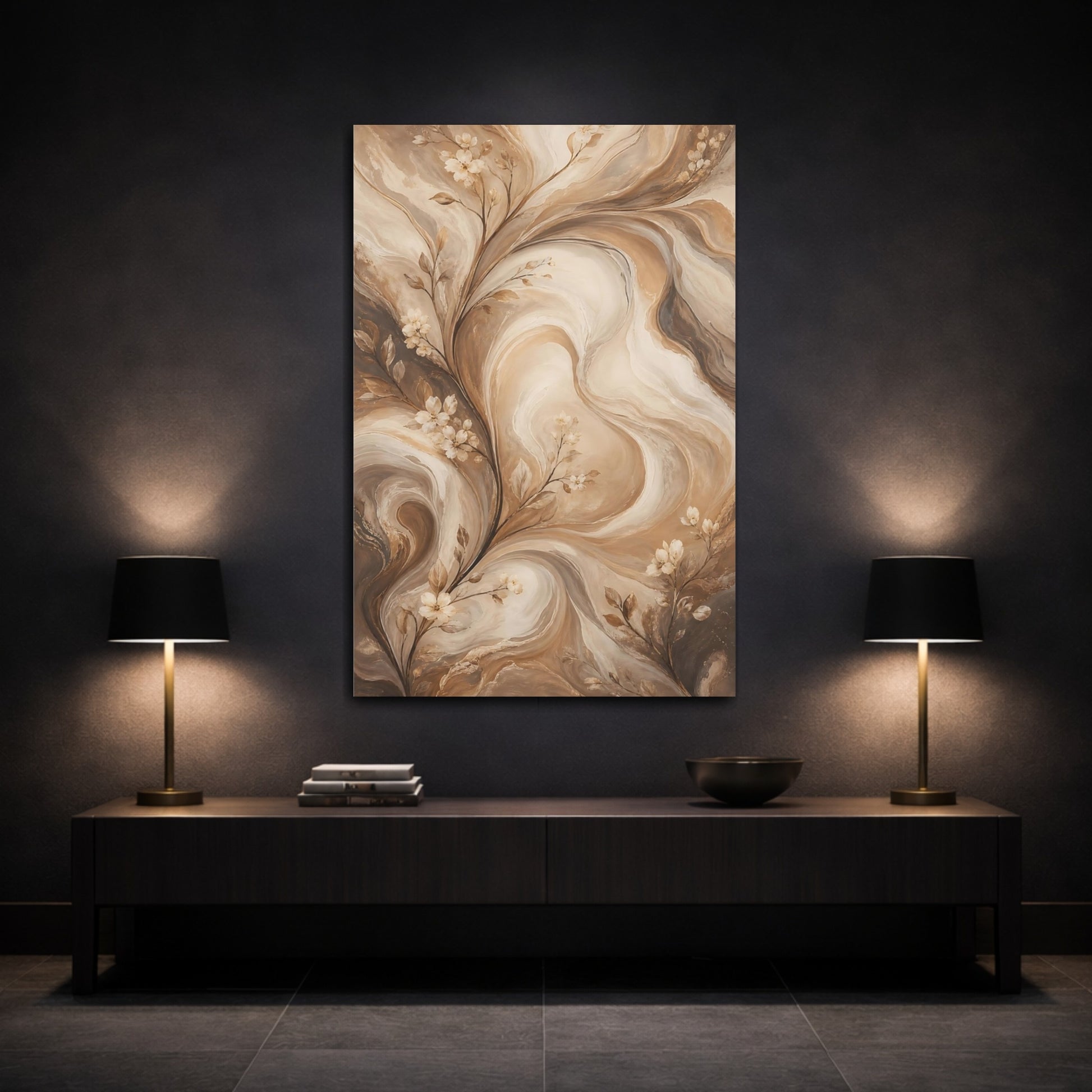 Mockup 3. Floral Floral Vines Brown And Beige shown as stretched canvas wall art