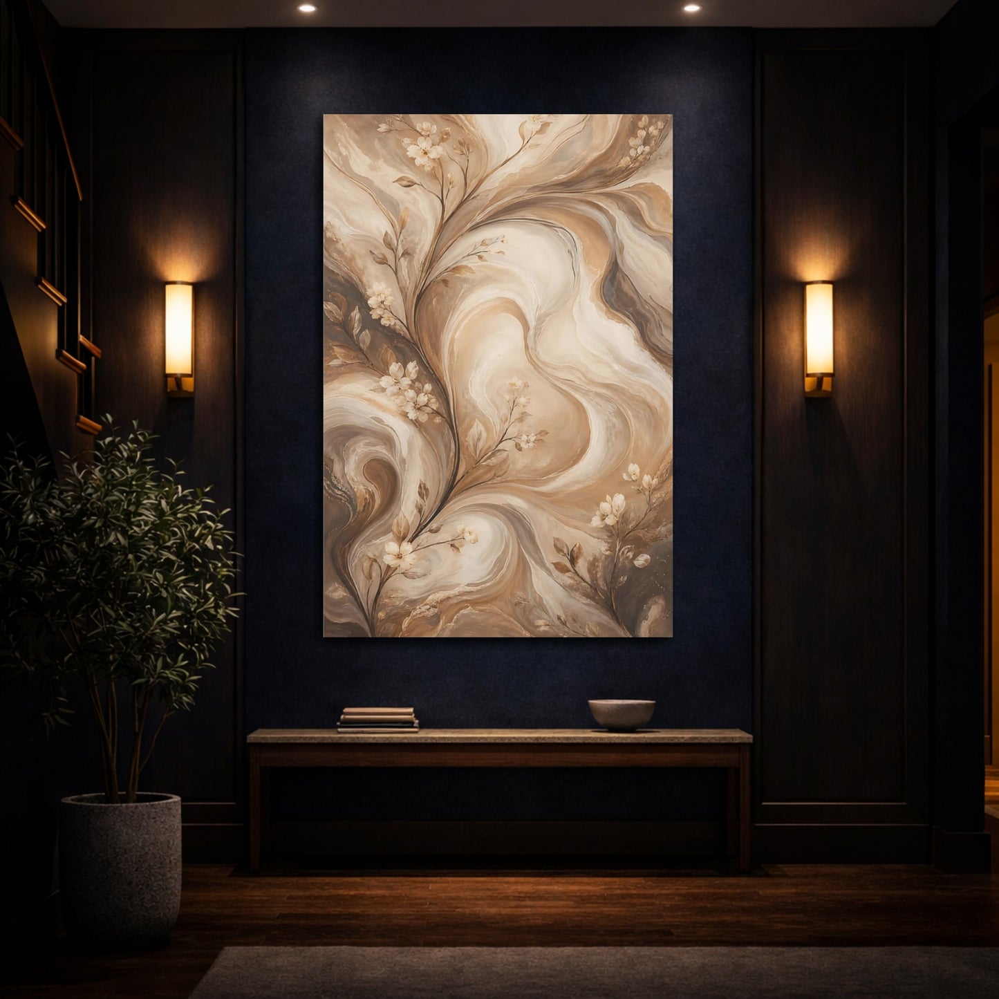 Mockup 4. Floral Floral Vines Brown And Beige shown as stretched canvas wall art