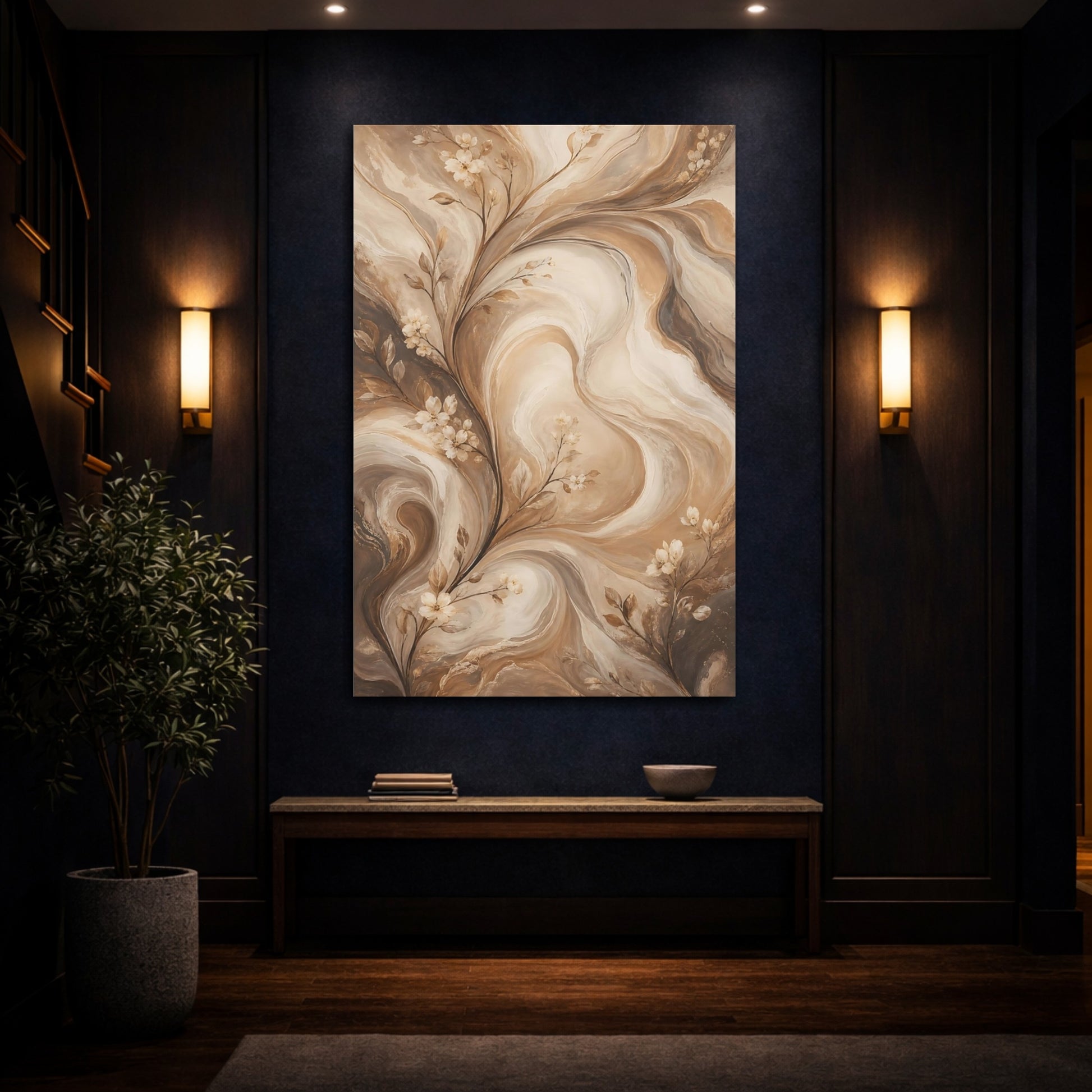 Mockup 4. Floral Floral Vines Brown And Beige shown as stretched canvas wall art