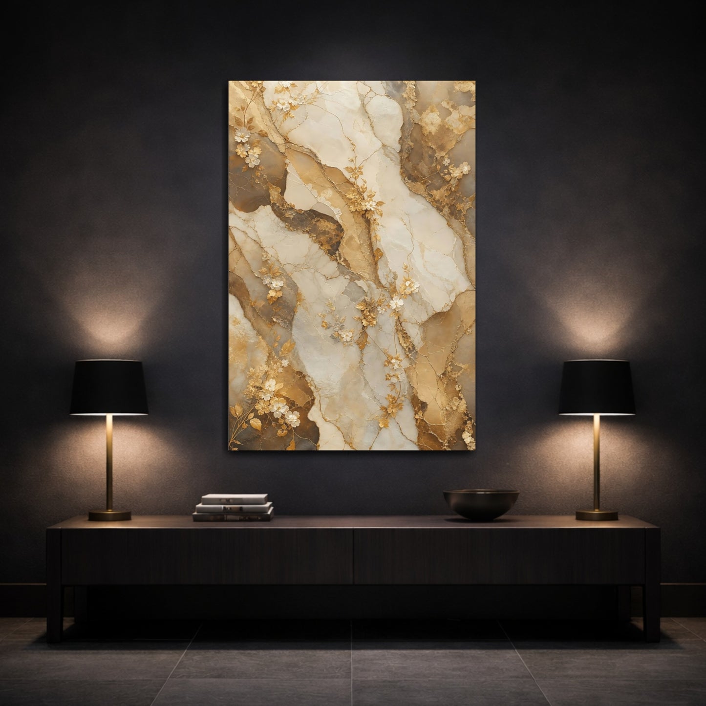 Mockup 3. Floral Floral Vines Gold Floral Marble shown as stretched canvas wall art
