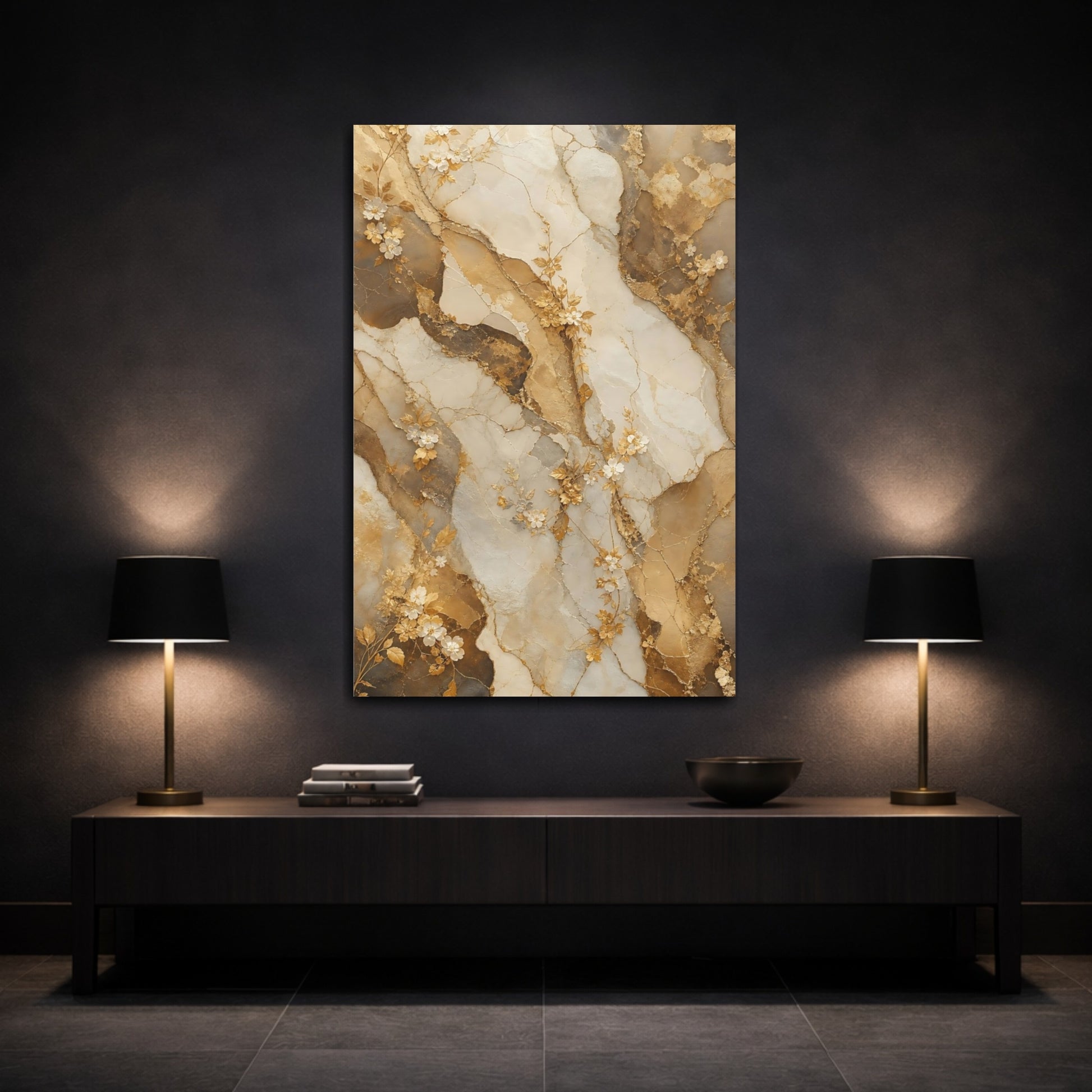 Mockup 3. Floral Floral Vines Gold Floral Marble shown as stretched canvas wall art