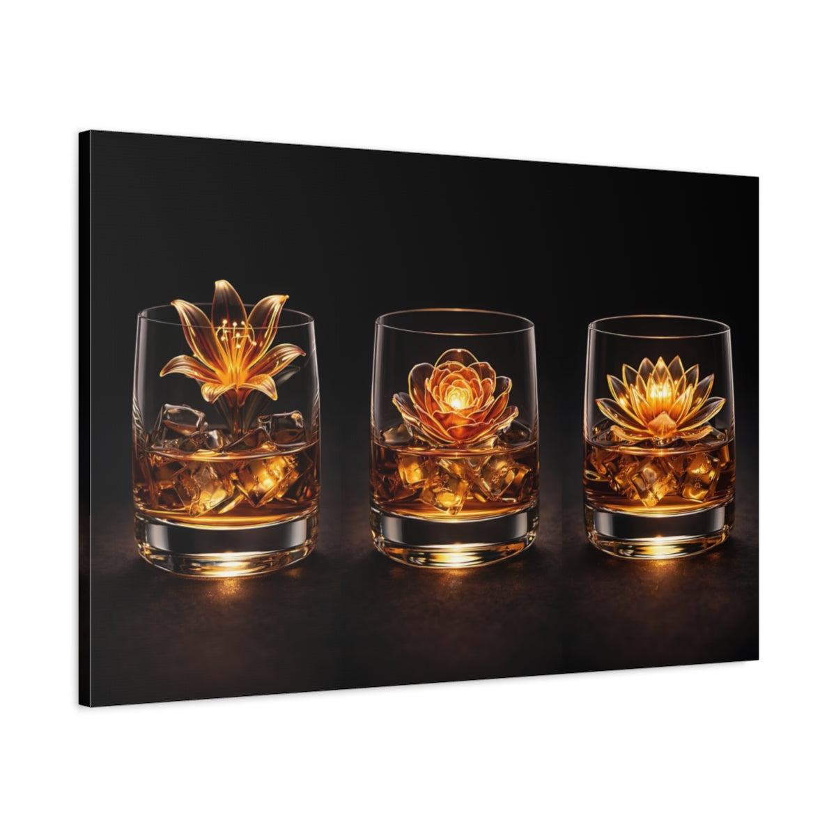 Main Mockup. Floral Floral Whiskey Golden Flowers shown as stretched canvas wall art