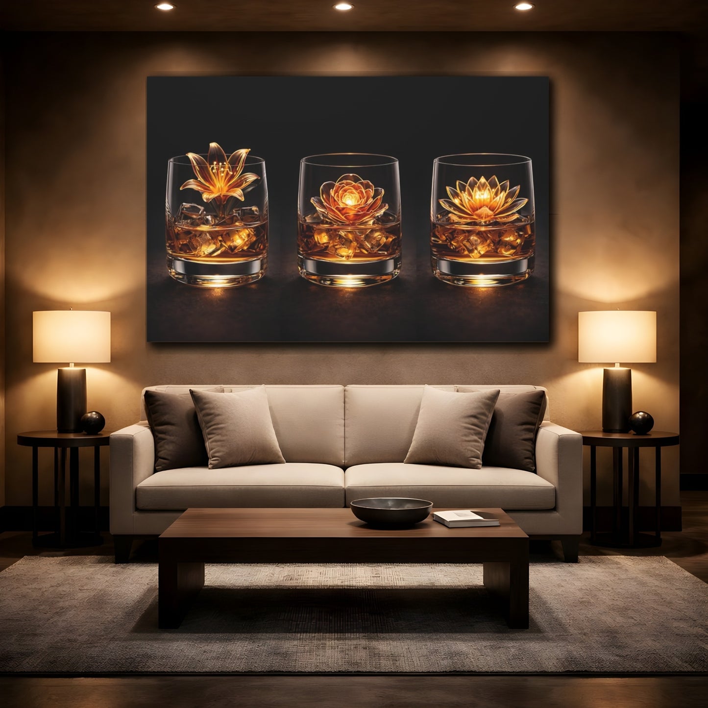 Mockup 2. Floral Floral Whiskey Golden Flowers shown as stretched canvas wall art