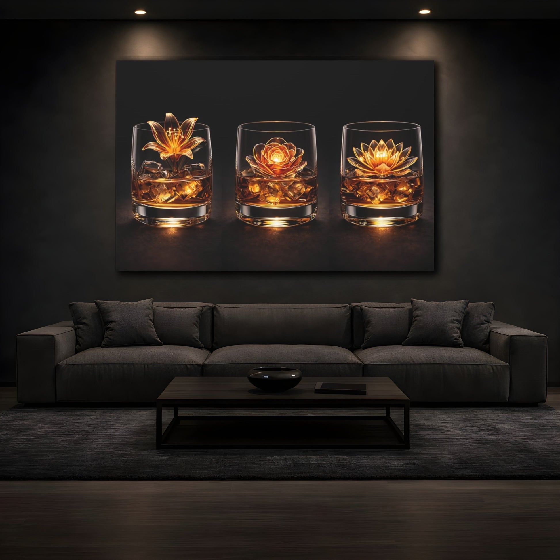 Mockup 3. Floral Floral Whiskey Golden Flowers shown as stretched canvas wall art