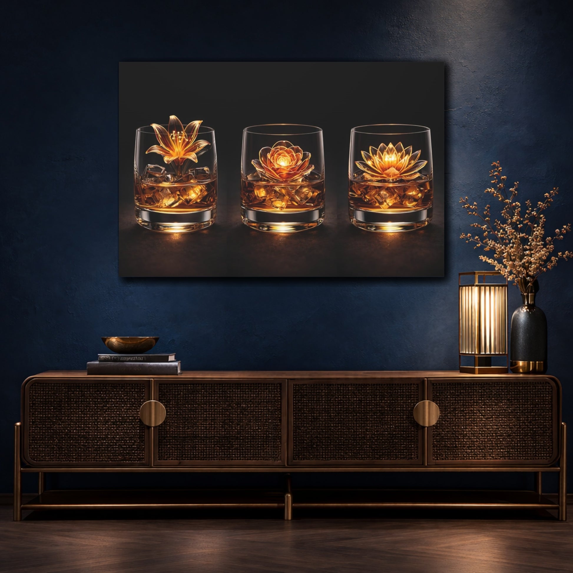 Mockup 4. Floral Floral Whiskey Golden Flowers shown as stretched canvas wall art