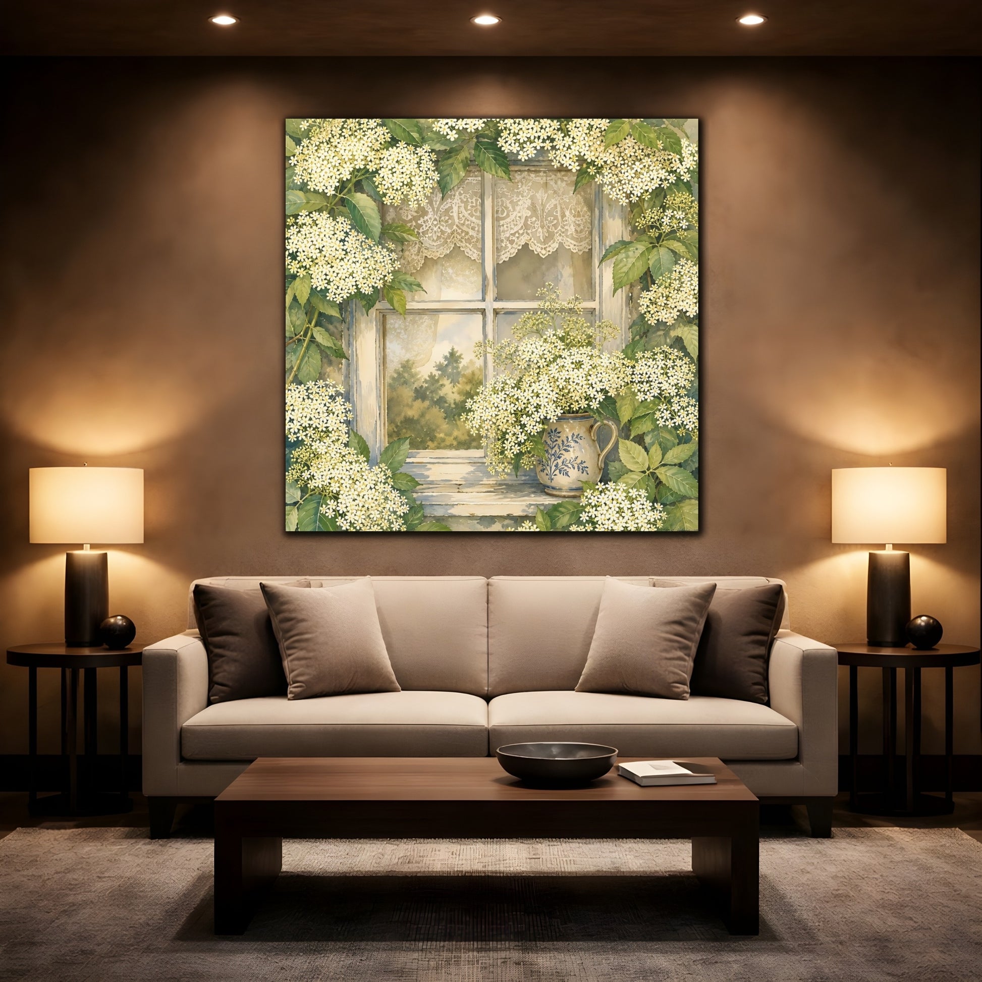 Mockup 2. Floral Floral Window White Floral Window shown as stretched canvas wall art