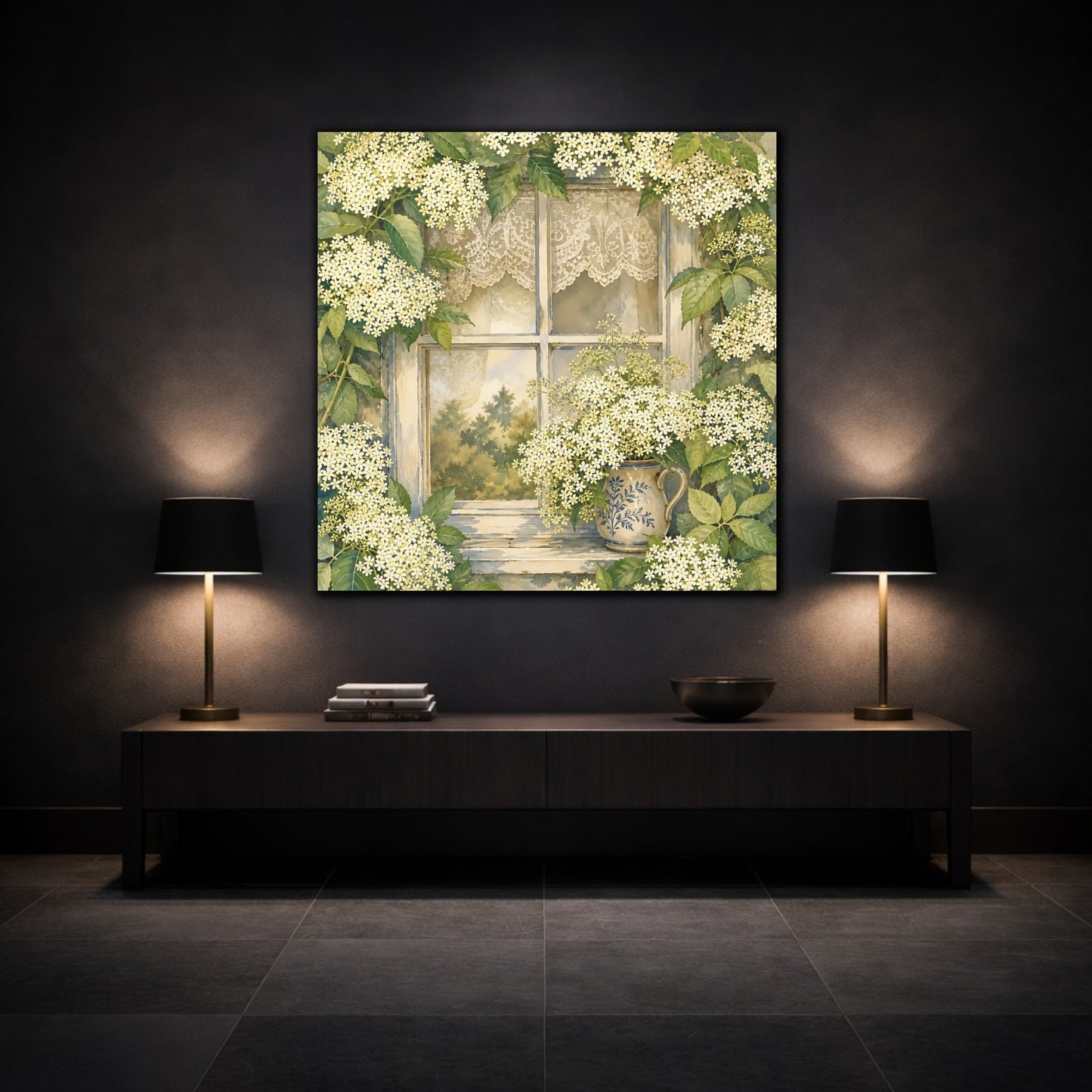 Mockup 3. Floral Floral Window White Floral Window shown as stretched canvas wall art