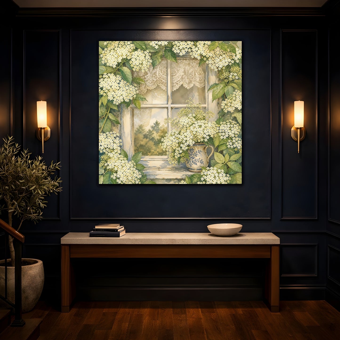 Mockup 4. Floral Floral Window White Floral Window shown as stretched canvas wall art