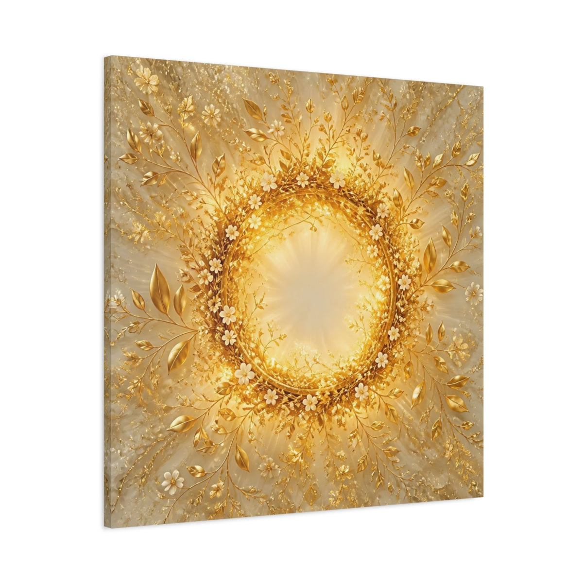Main Mockup. Floral Floral Wreath Gold Floral shown as stretched canvas wall art