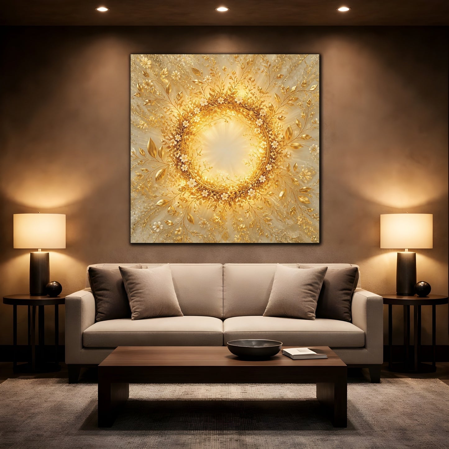 Mockup 2. Floral Floral Wreath Gold Floral shown as stretched canvas wall art