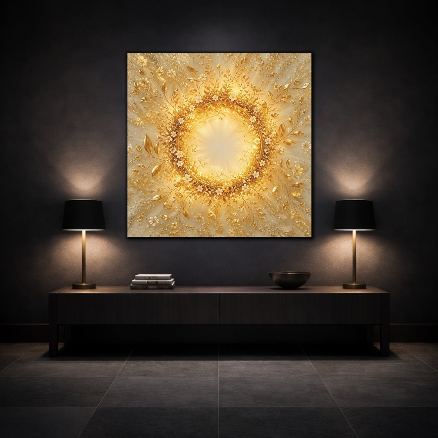Mockup 3. Floral Floral Wreath Gold Floral shown as stretched canvas wall art