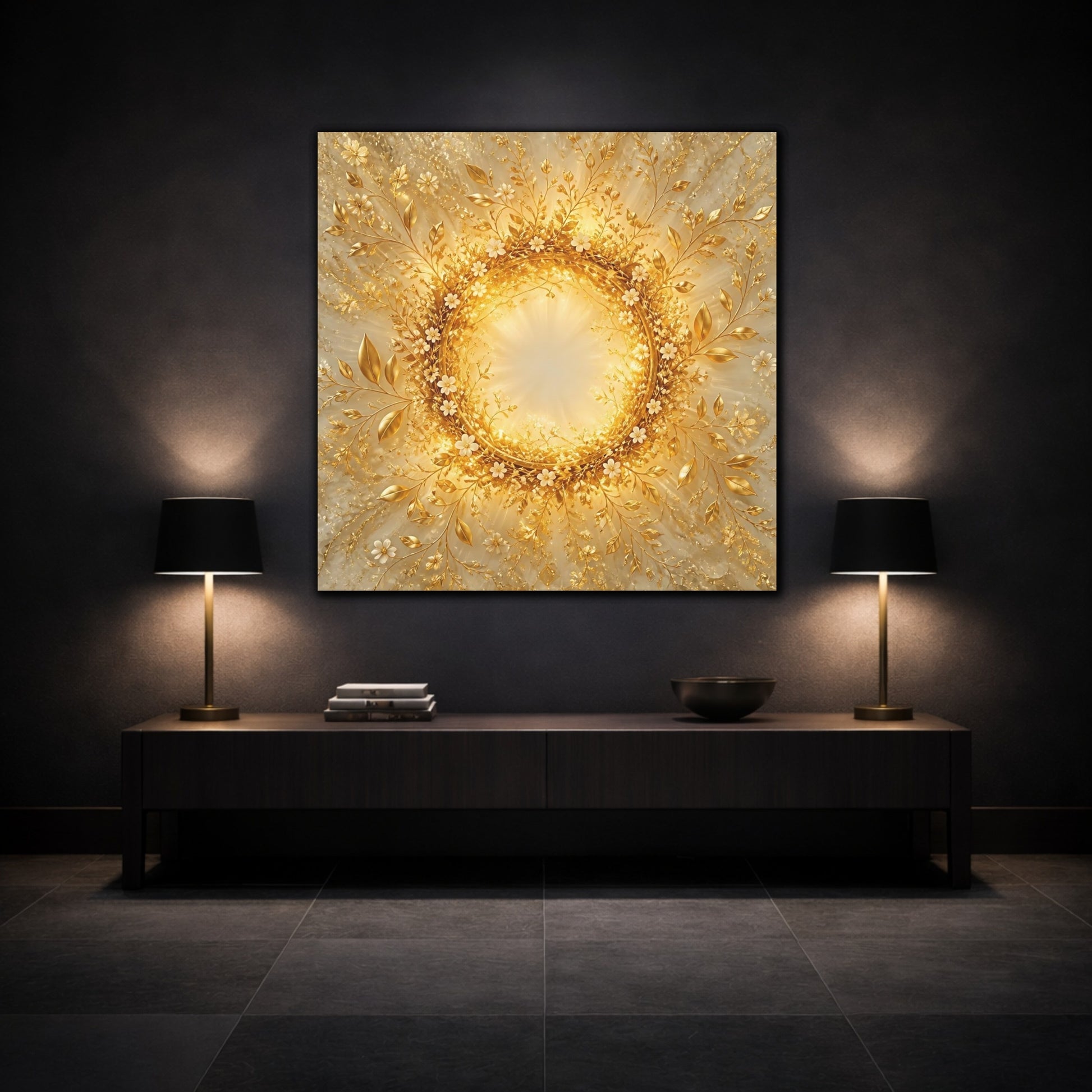 Mockup 3. Floral Floral Wreath Gold Floral shown as stretched canvas wall art