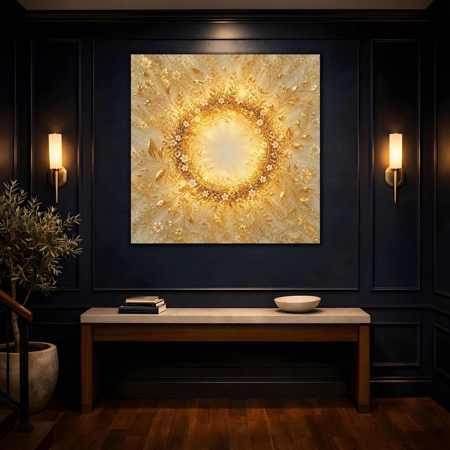 Mockup 4. Floral Floral Wreath Gold Floral shown as stretched canvas wall art