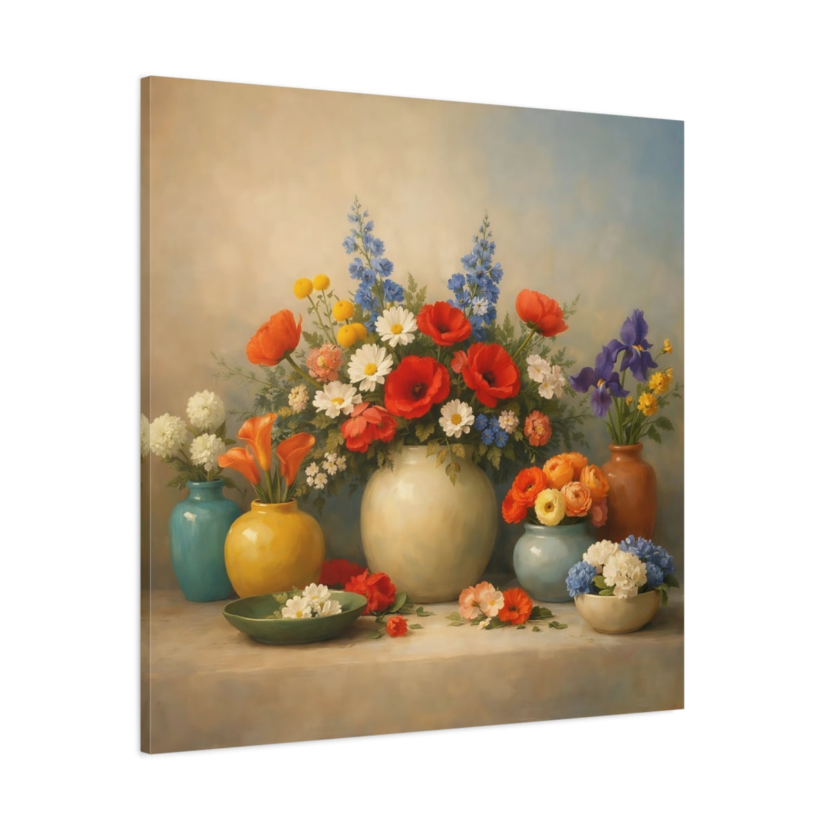 Main Mockup. Floral Flower Arrangements Vibrant Floral Still Life shown as stretched canvas wall art