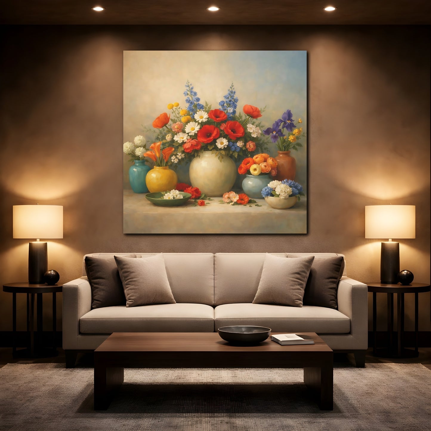 Mockup 2. Floral Flower Arrangements Vibrant Floral Still Life shown as stretched canvas wall art