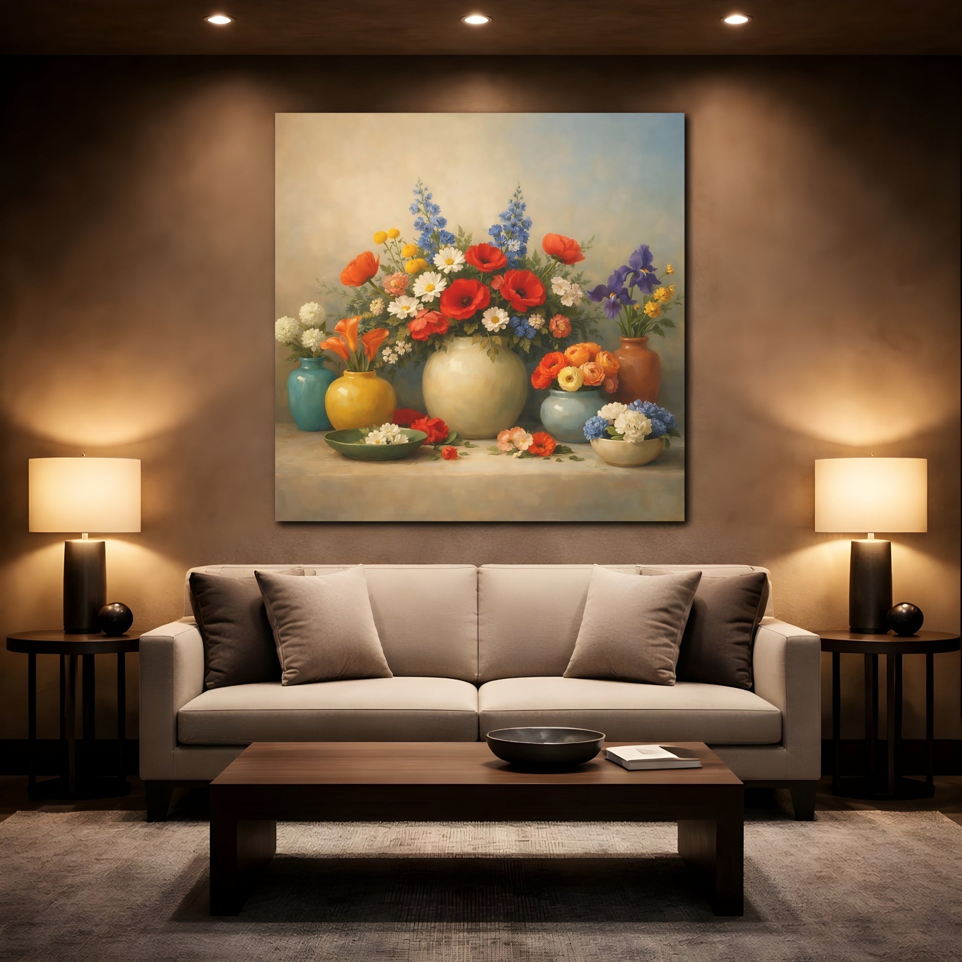 Mockup 2. Floral Flower Arrangements Vibrant Floral Still Life shown as stretched canvas wall art