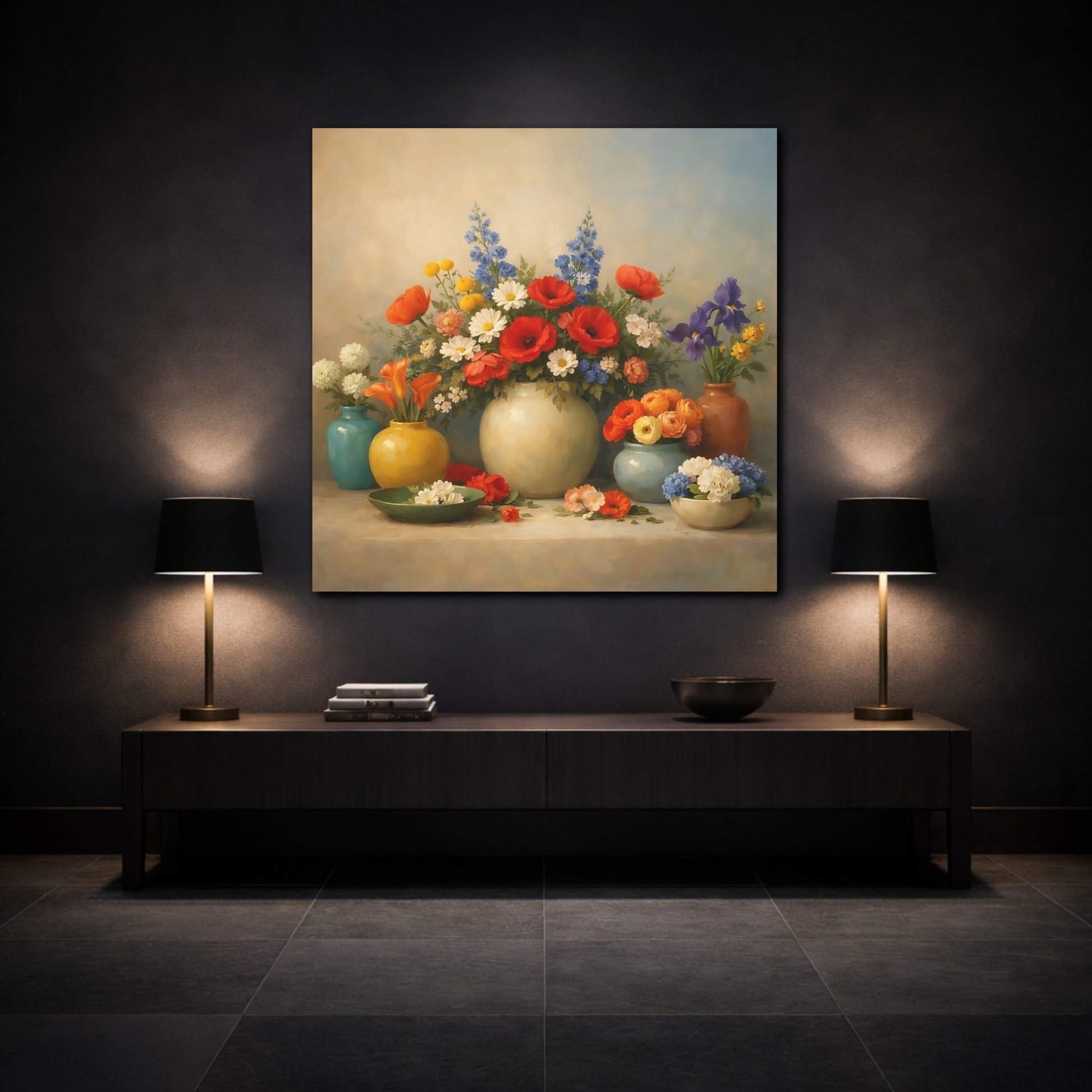 Mockup 3. Floral Flower Arrangements Vibrant Floral Still Life shown as stretched canvas wall art