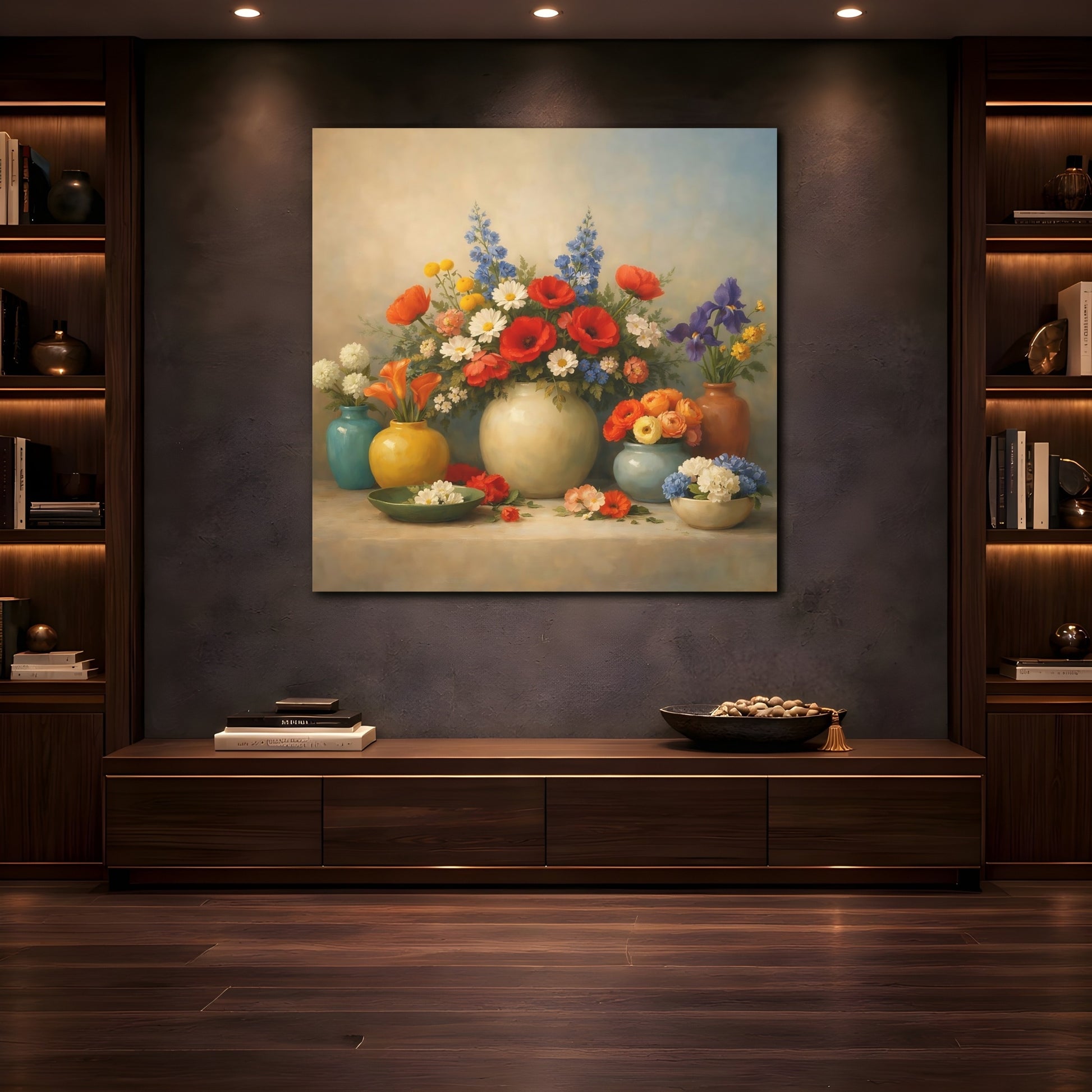 Mockup 4. Floral Flower Arrangements Vibrant Floral Still Life shown as stretched canvas wall art
