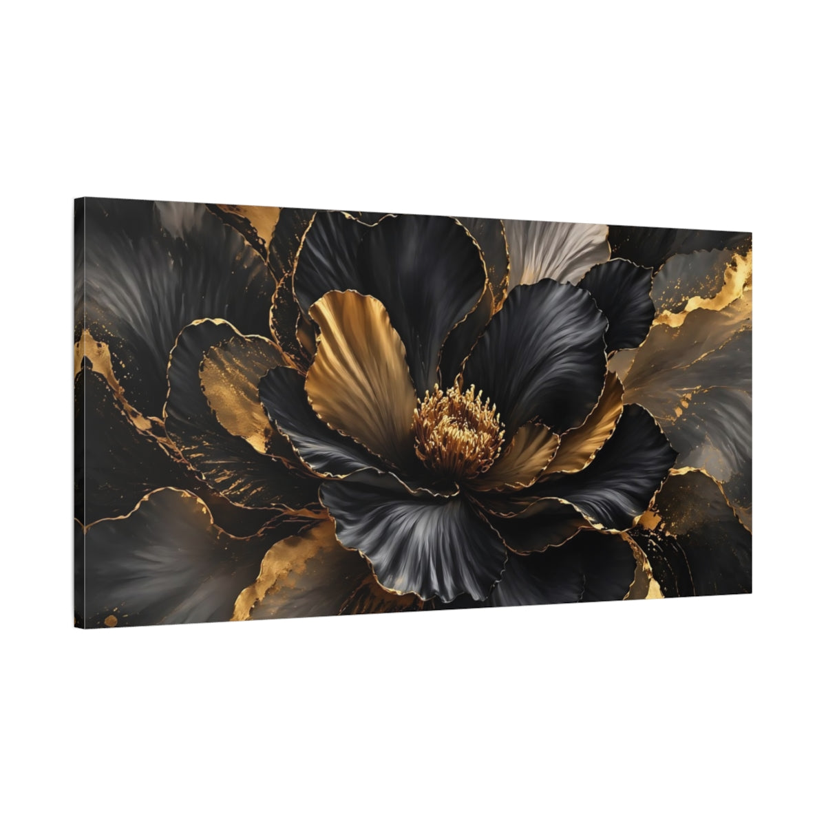 Main Mockup. Floral Flower Black And Gold shown as stretched canvas wall art