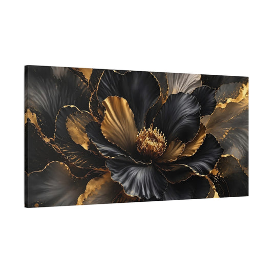 Main Mockup. Floral Flower Black And Gold shown as stretched canvas wall art
