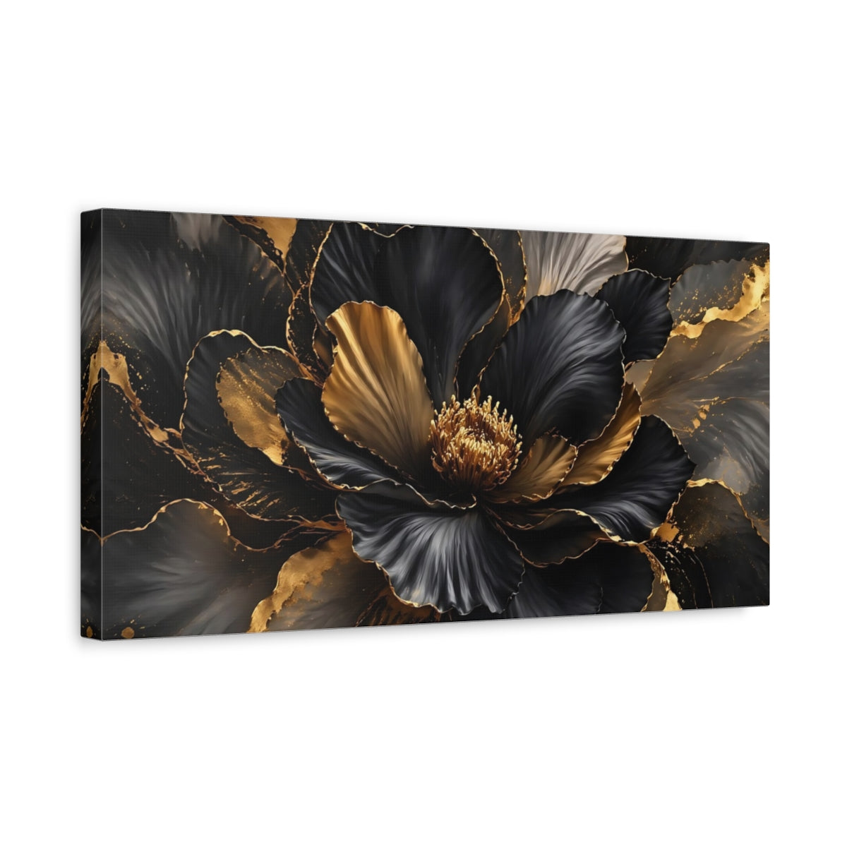 Side Mockup 3. Floral Flower Black And Gold shown as stretched canvas wall art