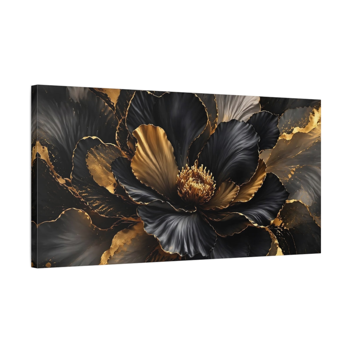 Side Mockup 1. Floral Flower Black And Gold shown as stretched canvas wall art