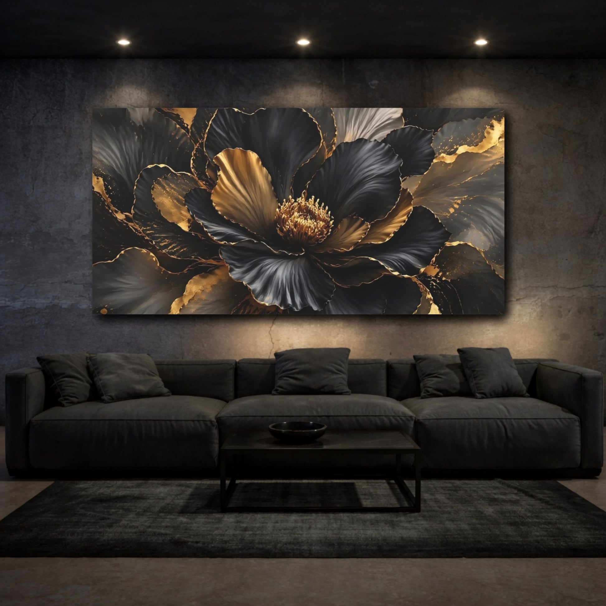 Mockup 2. Floral Flower Black And Gold shown as stretched canvas wall art