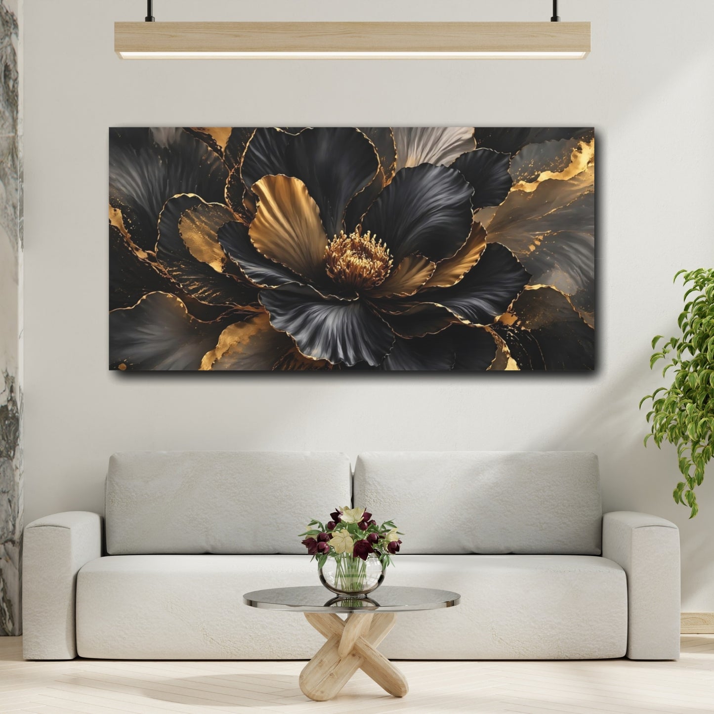 Mockup 3. Floral Flower Black And Gold shown as stretched canvas wall art