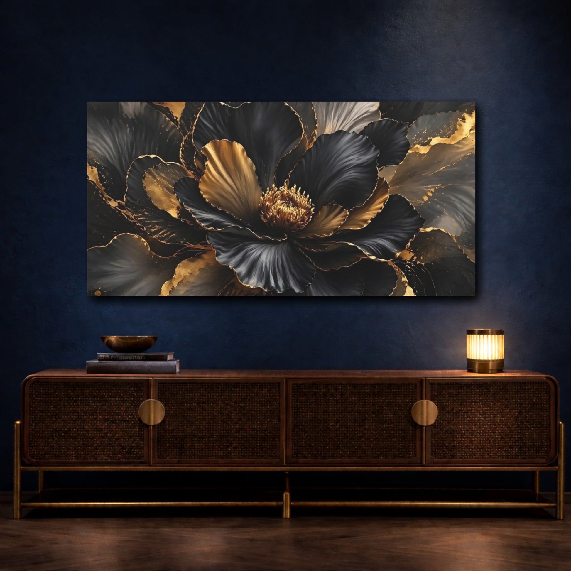 Mockup 4. Floral Flower Black And Gold shown as stretched canvas wall art