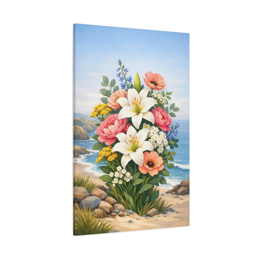 Floral Flower Bouquet Colorful Coastal Flowers shown as stretched canvas wall art