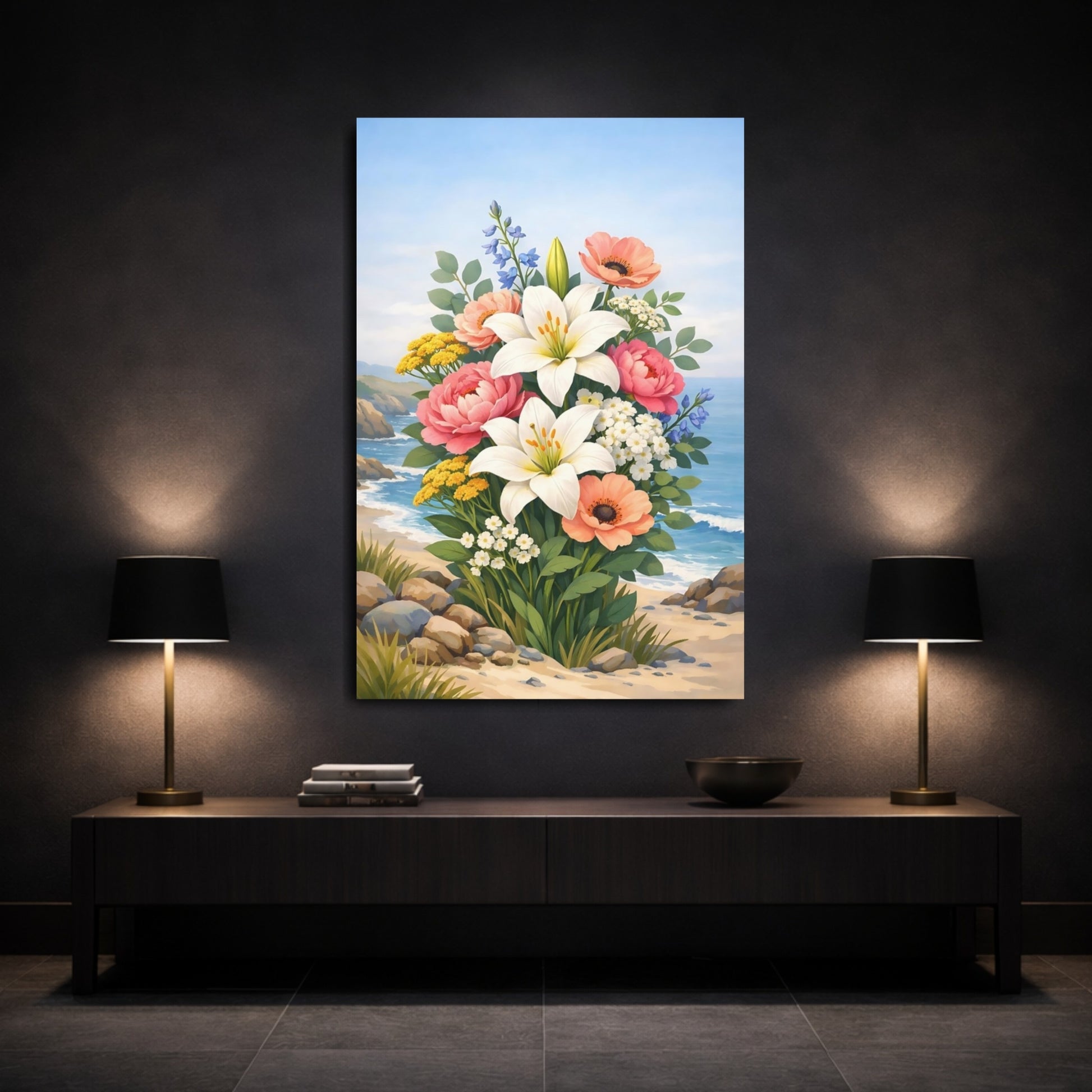 Floral Flower Bouquet Colorful Coastal Flowers shown as front canvas room wall art