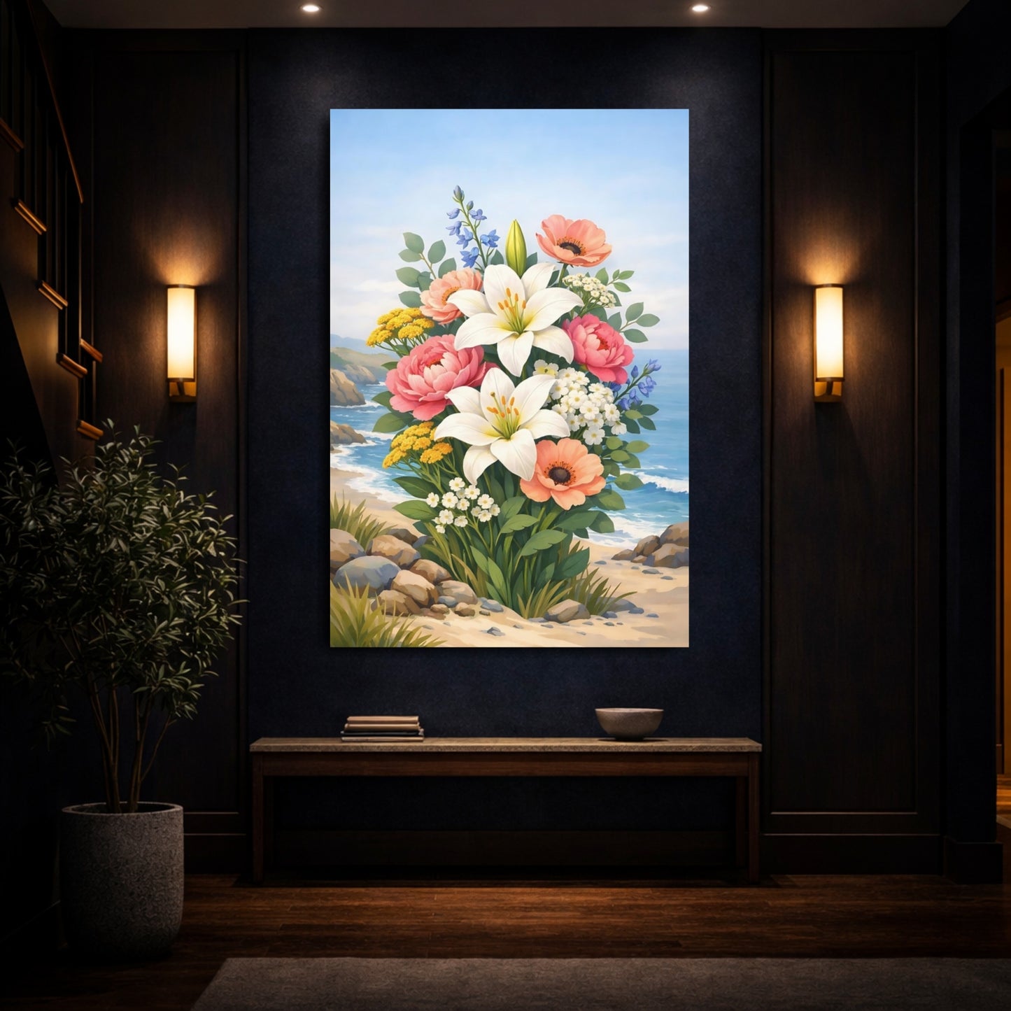 Floral Flower Bouquet Colorful Coastal Flowers shown as front canvas room wall art
