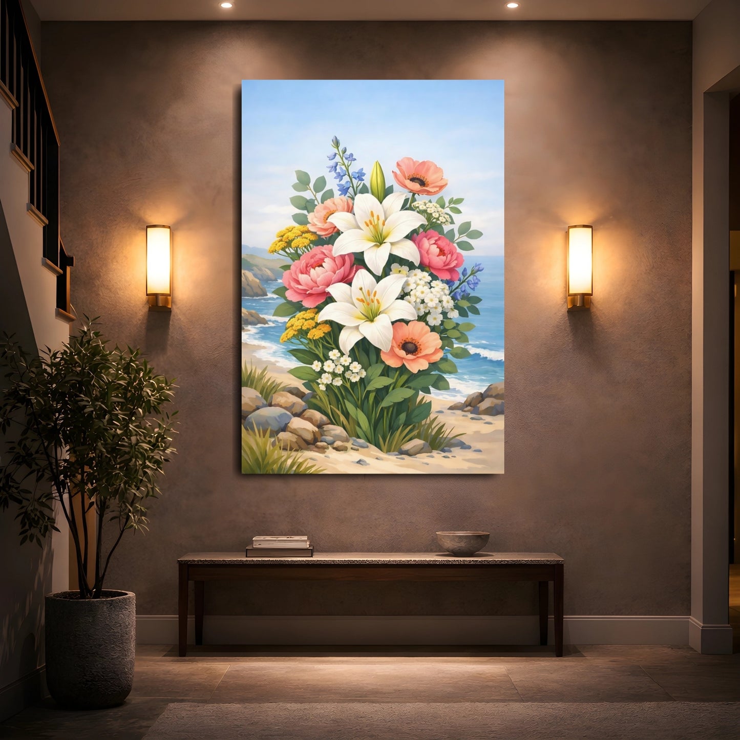 Floral Flower Bouquet Colorful Coastal Flowers shown as front canvas room wall art
