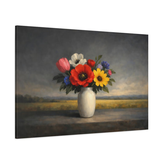 Main Mockup. Floral Flower Bouquet Colorful Floral Still Life shown as stretched canvas wall art